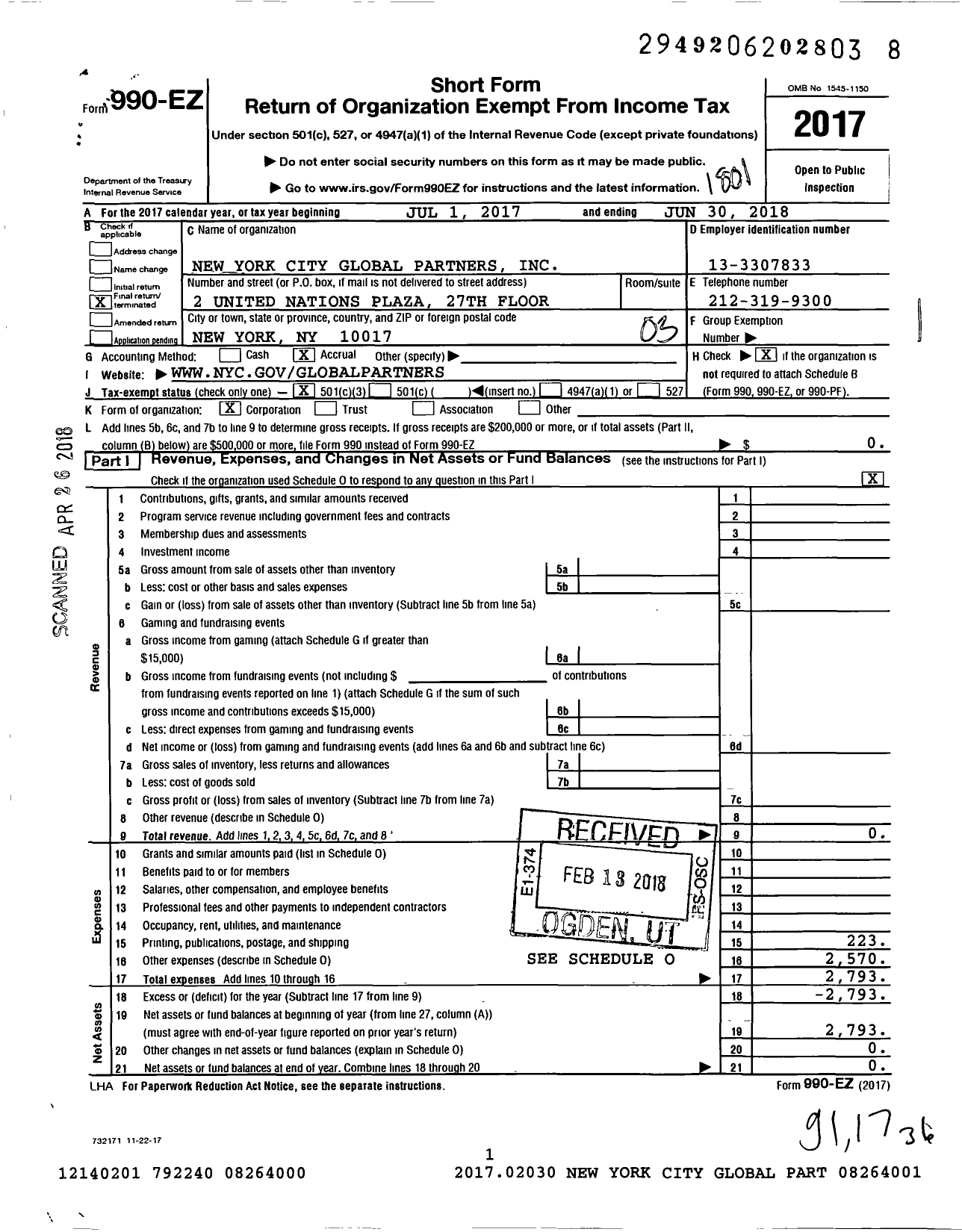 Image of first page of 2017 Form 990EZ for New York City Global Partners