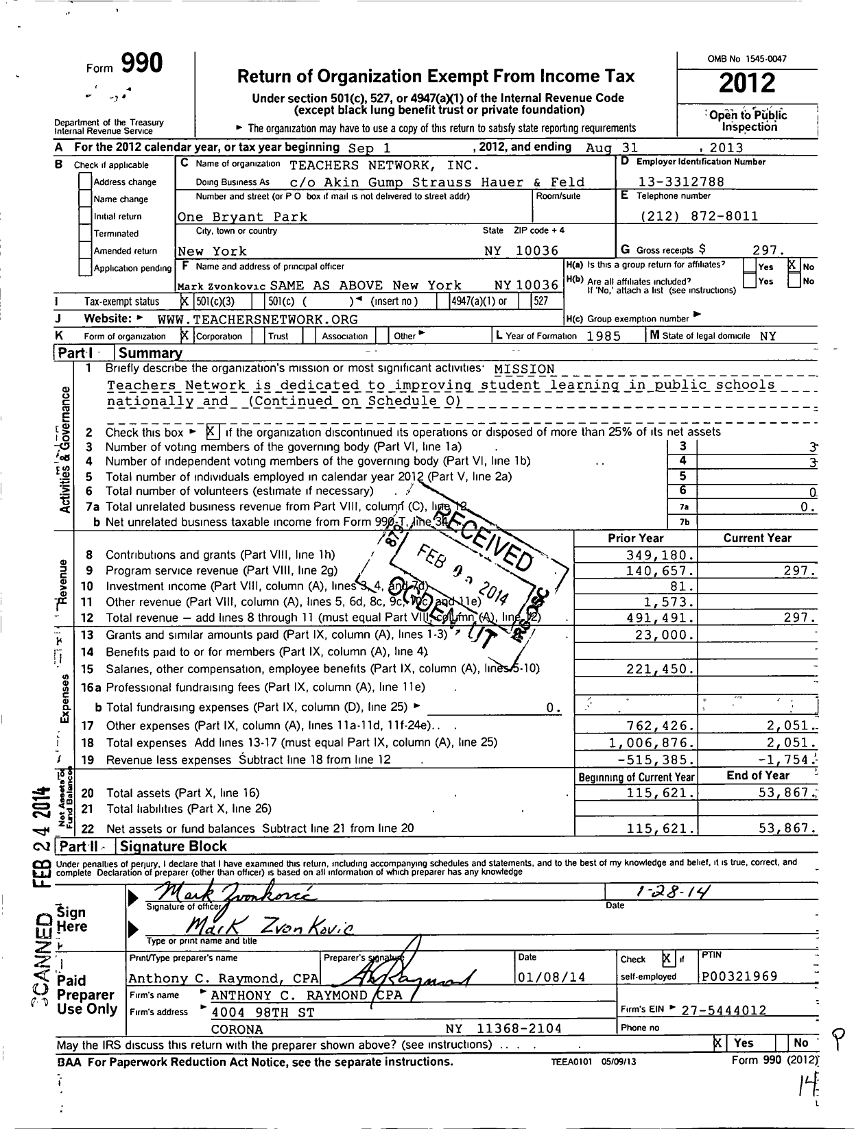 Image of first page of 2012 Form 990 for The Teachers Network