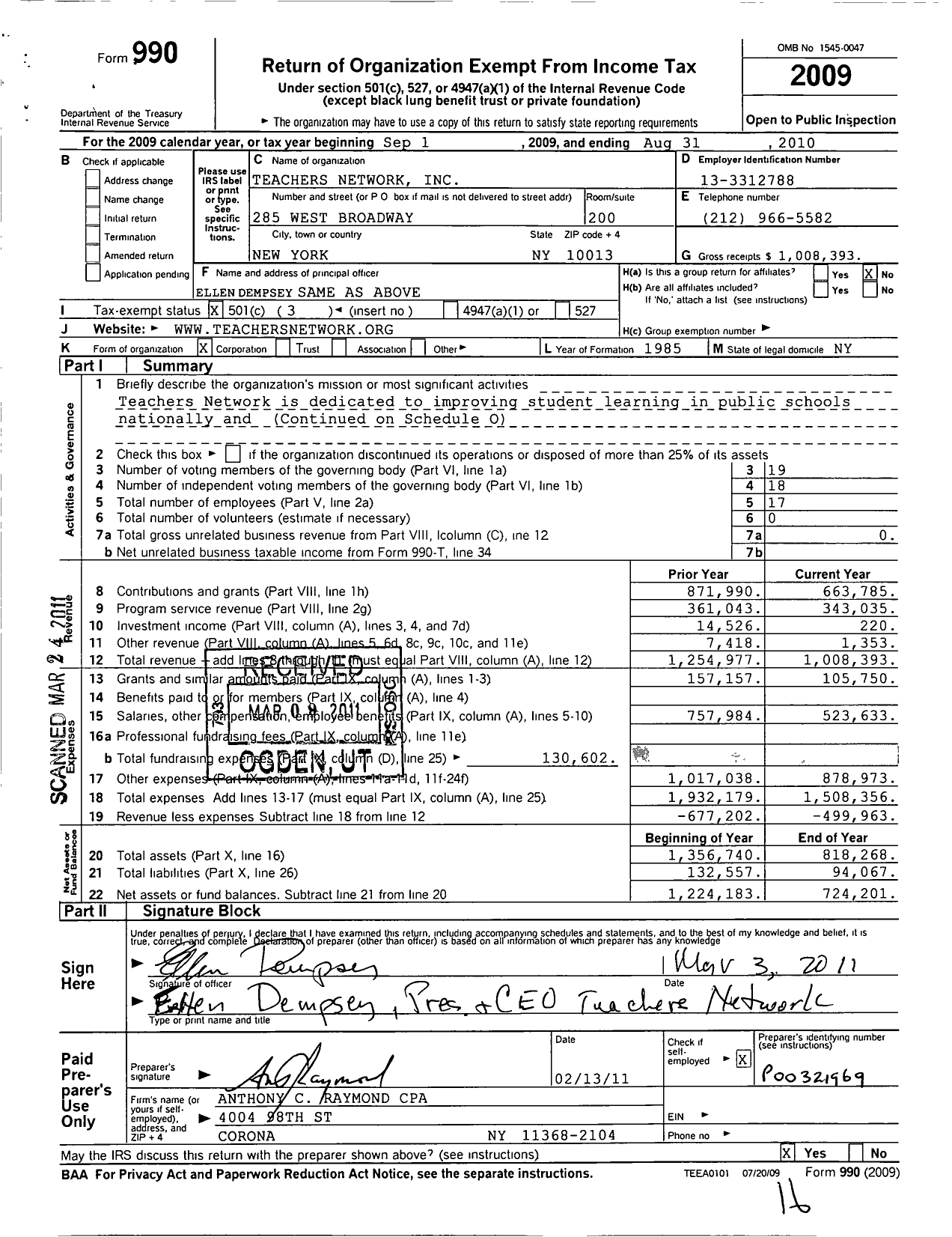 Image of first page of 2009 Form 990 for The Teachers Network