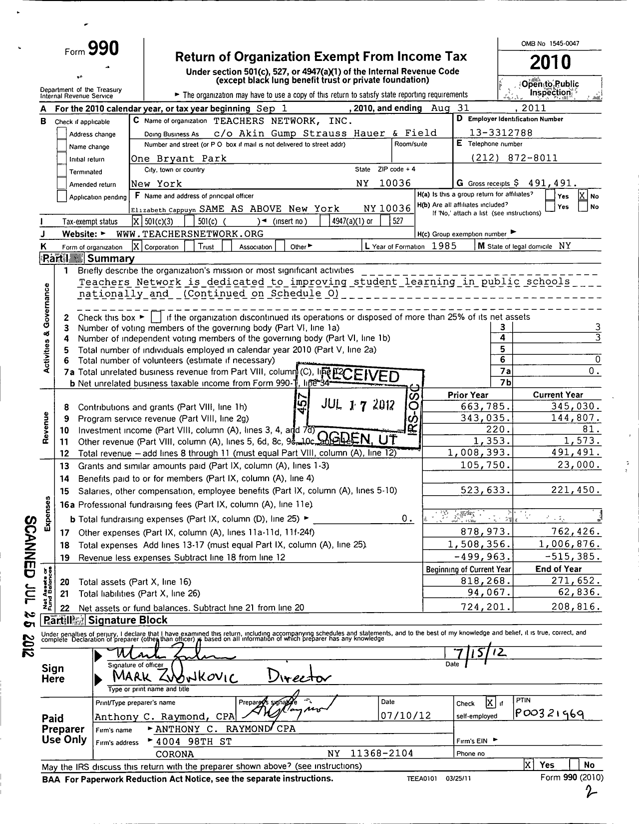 Image of first page of 2010 Form 990 for The Teachers Network