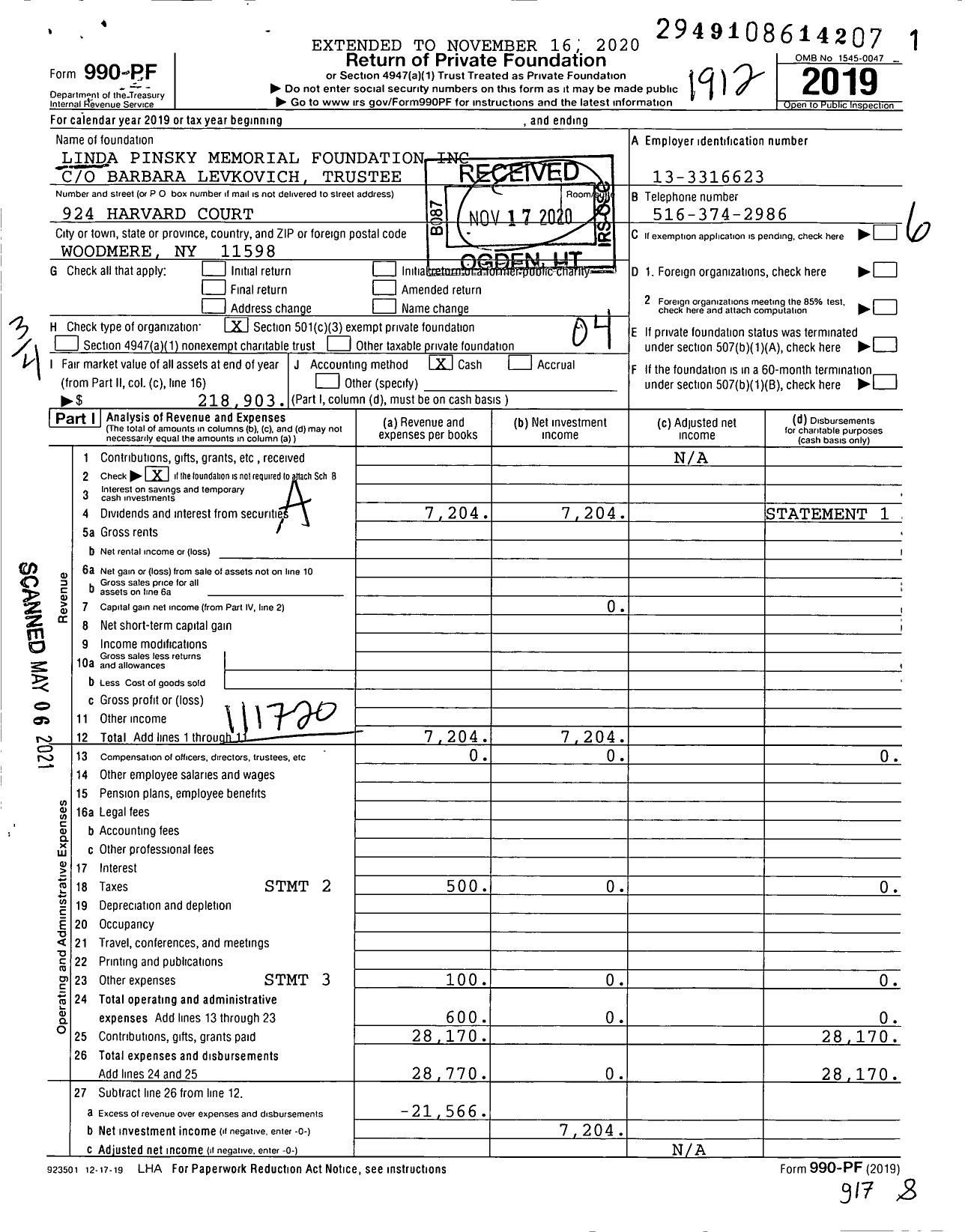 Image of first page of 2019 Form 990PF for Linda Pinsky Memorial Foundation