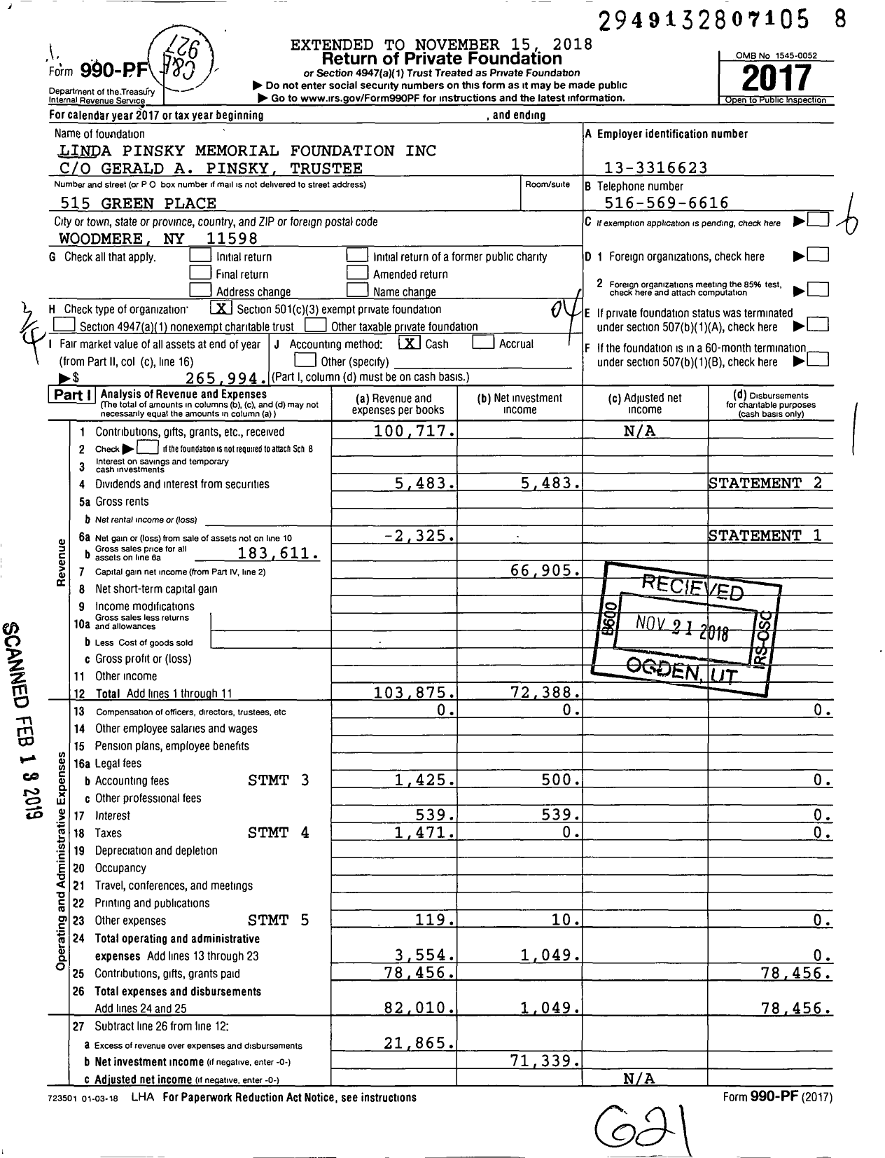 Image of first page of 2017 Form 990PF for Linda Pinsky Memorial Foundation