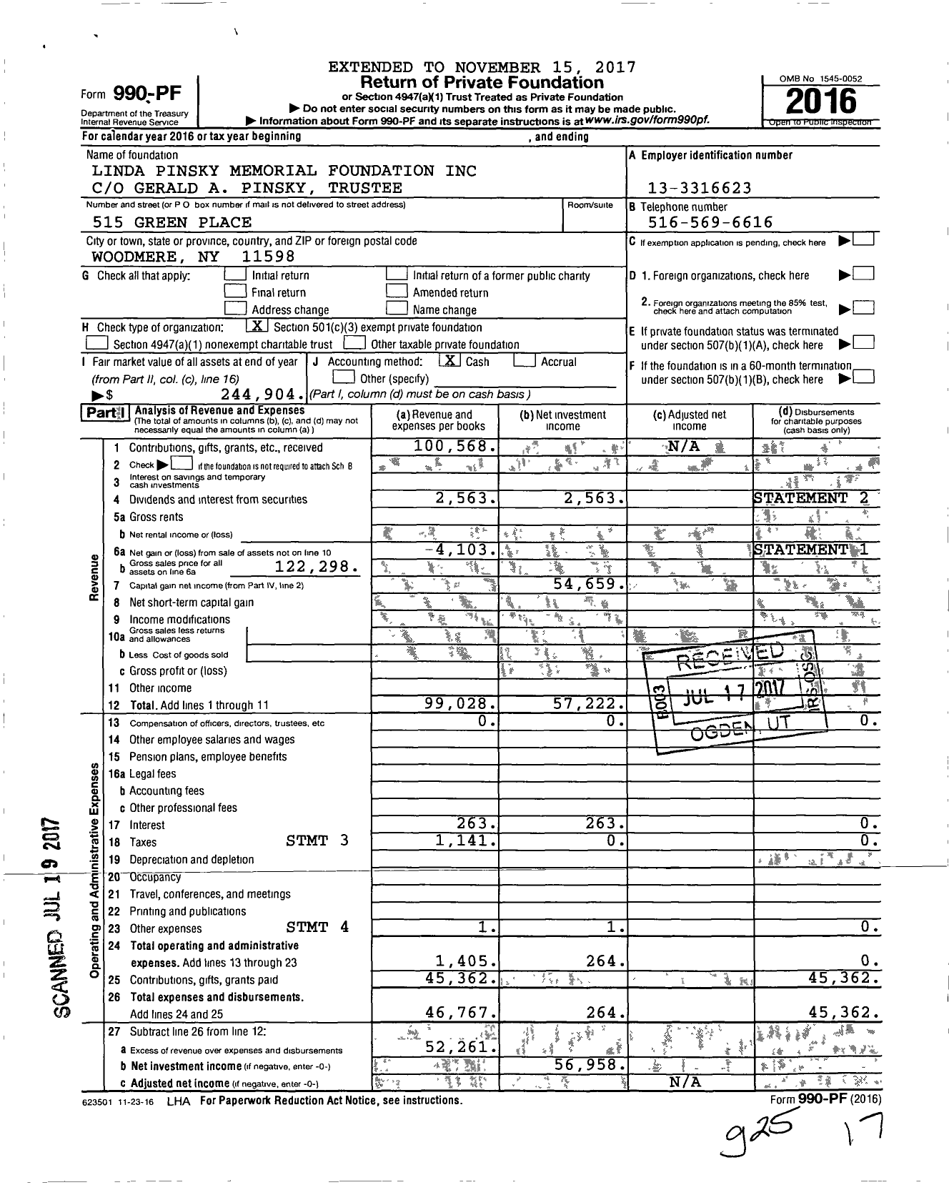 Image of first page of 2016 Form 990PF for Linda Pinsky Memorial Foundation