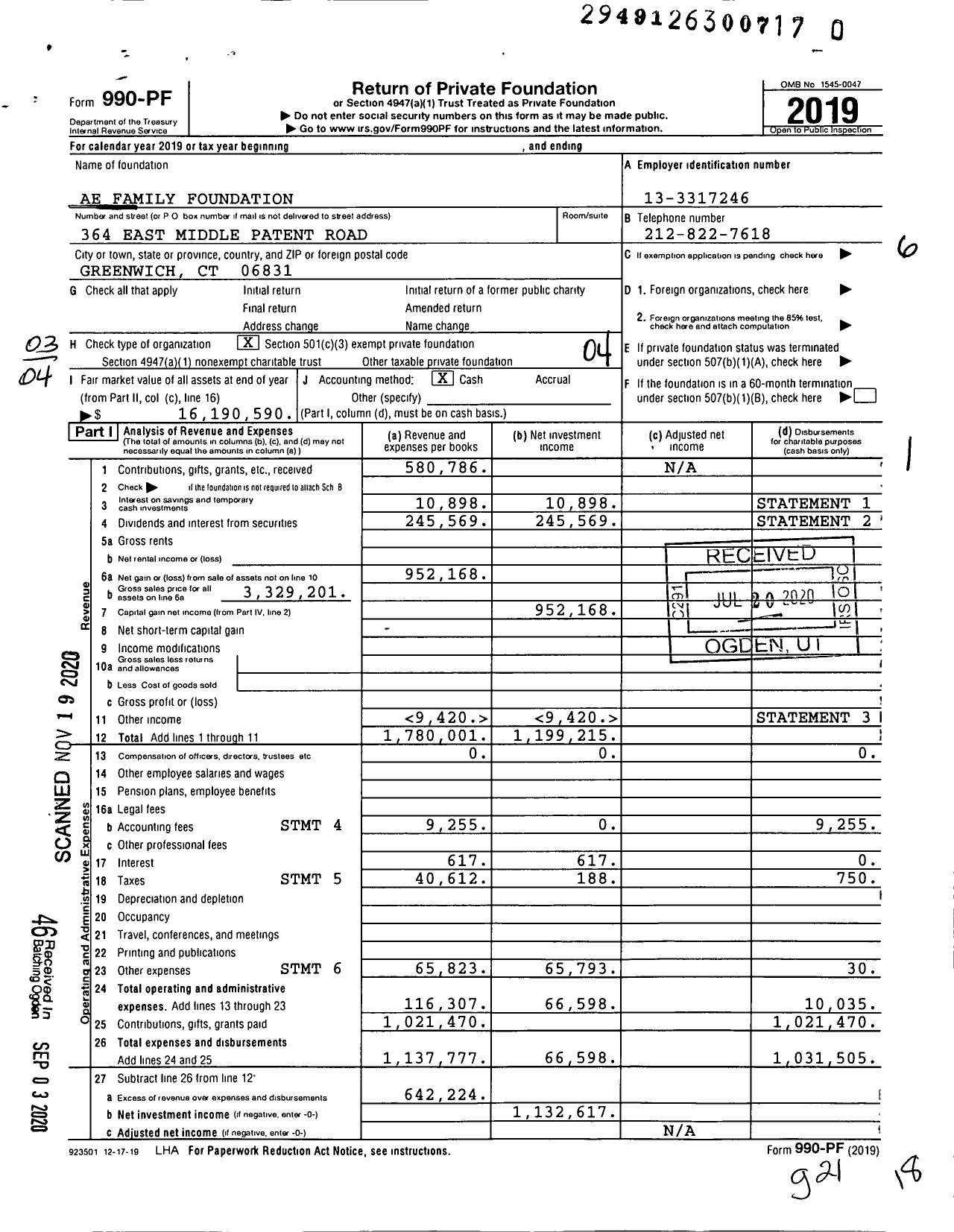 Image of first page of 2019 Form 990PF for Ae Family Foundation