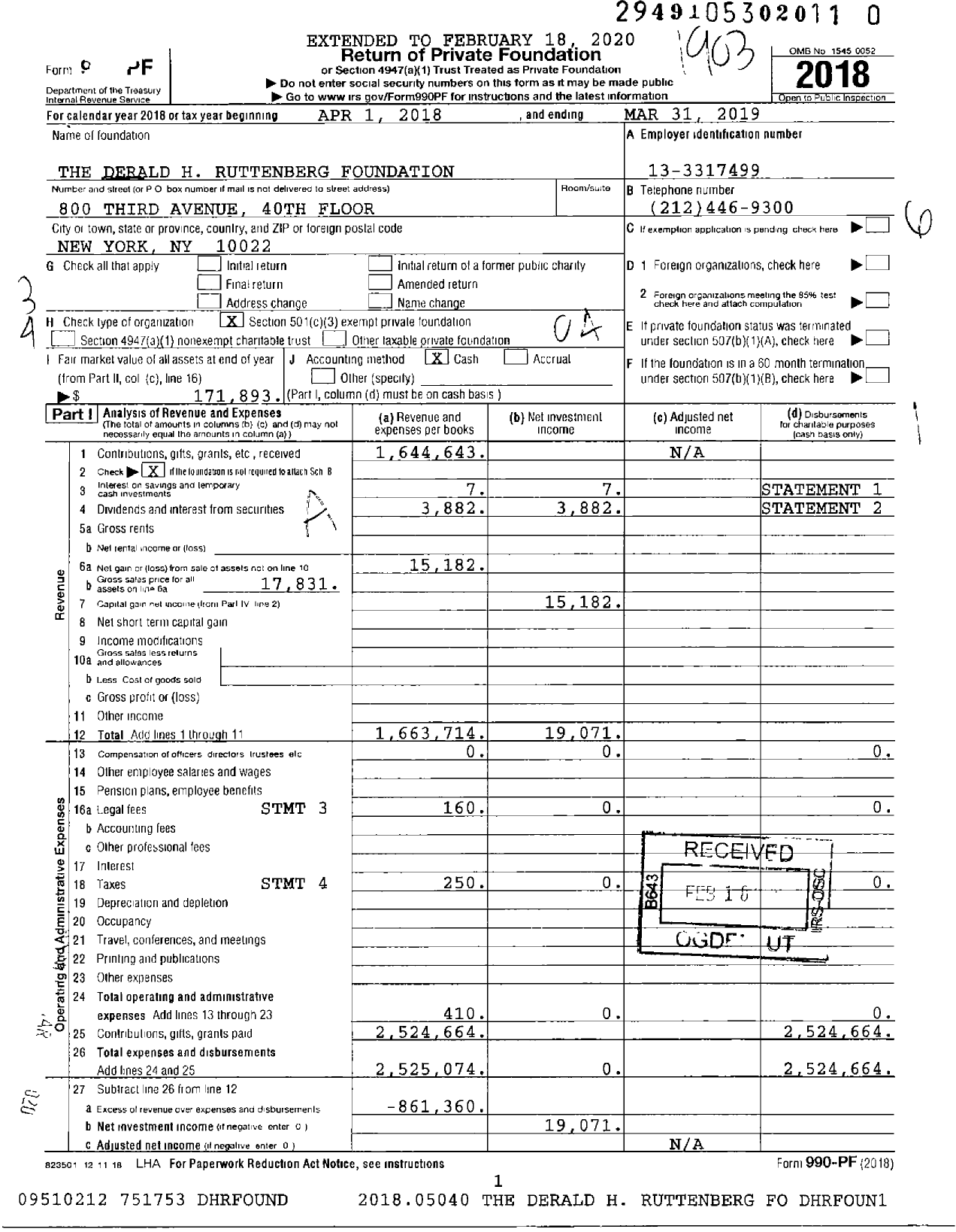 Image of first page of 2018 Form 990PR for The Derald H Ruttenberg Foundation