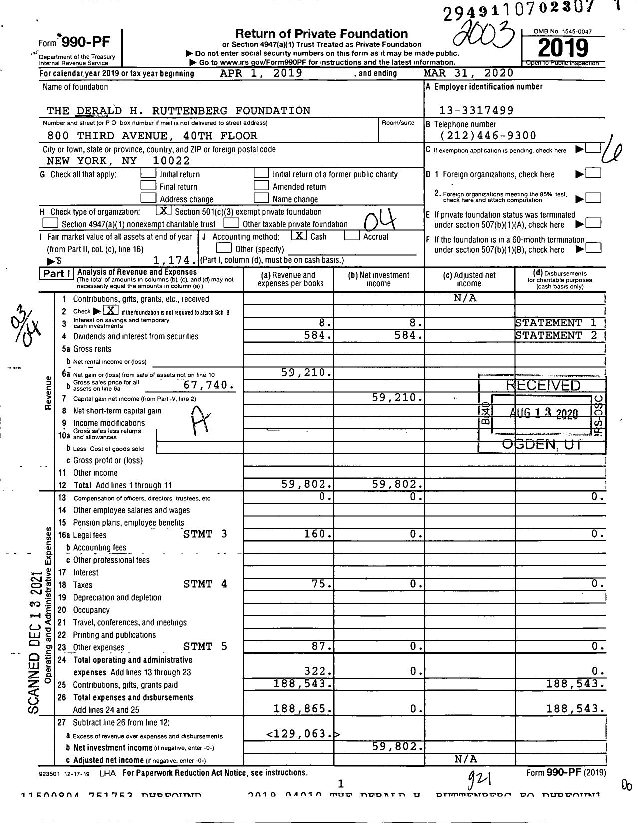 Image of first page of 2019 Form 990PF for The Derald H Ruttenberg Foundation