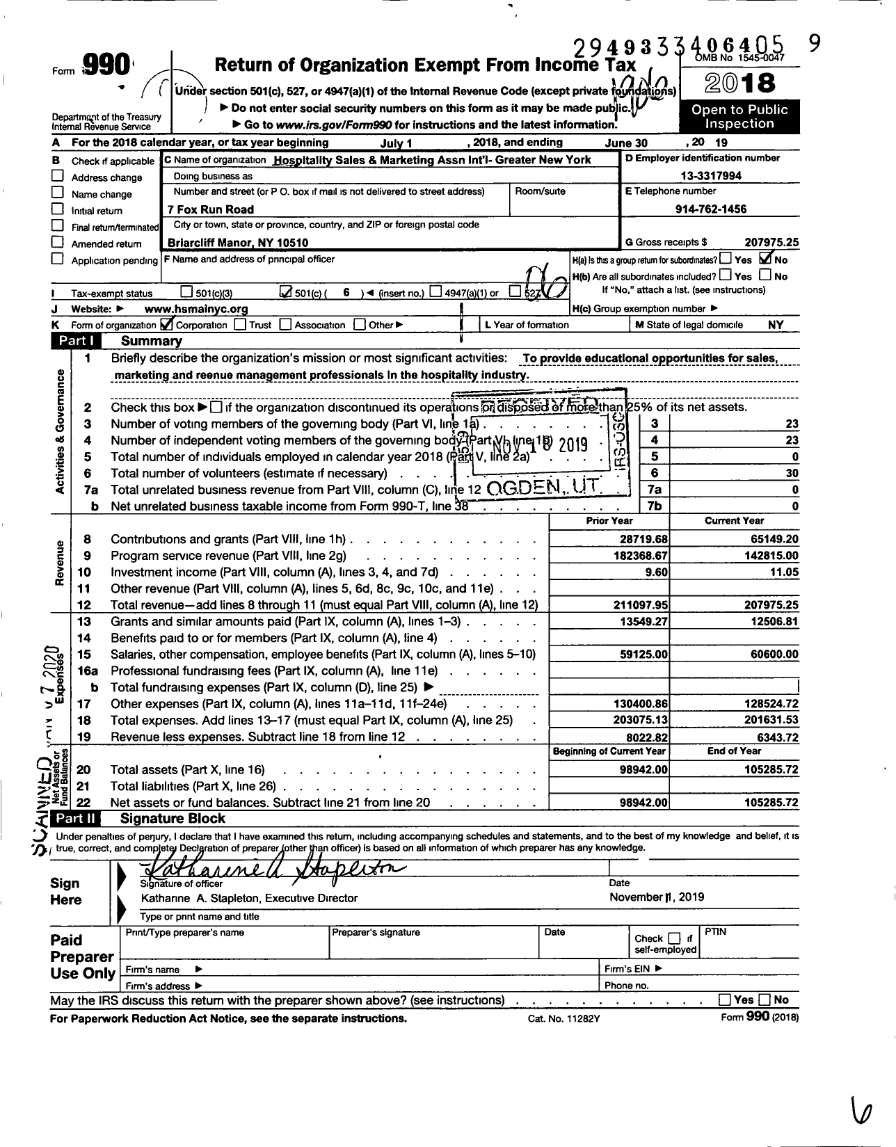 Image of first page of 2018 Form 990O for Hospitality Sales and Marketing Association International