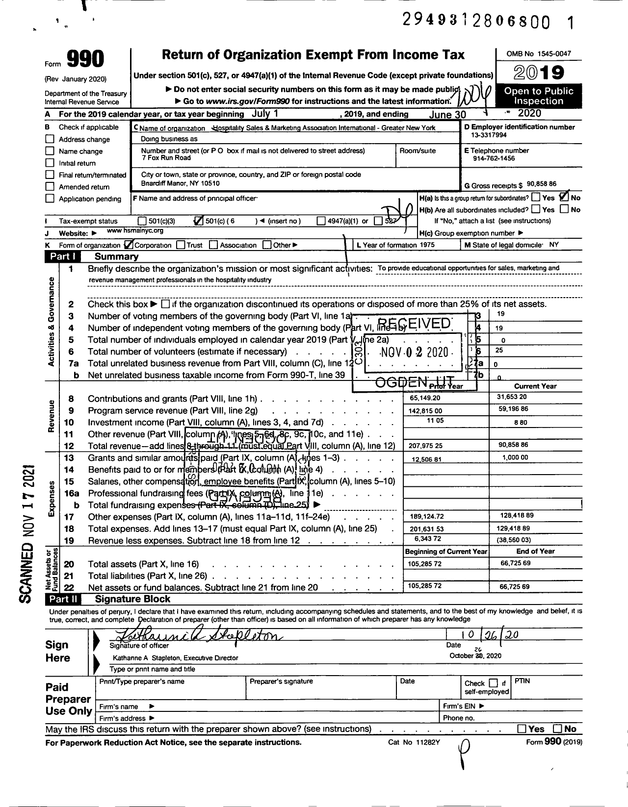 Image of first page of 2019 Form 990O for Hospitality Sales and Marketing Association International