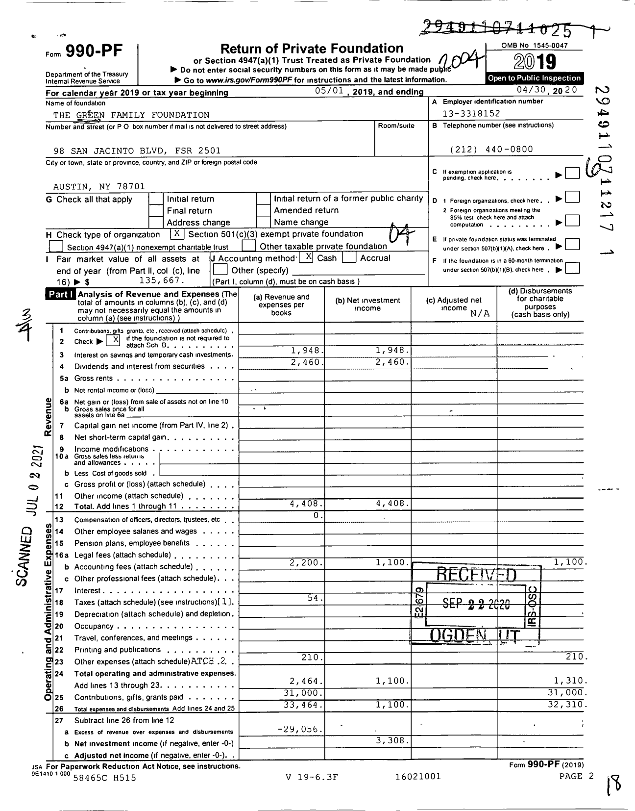 Image of first page of 2019 Form 990PF for The Green Family Foundation