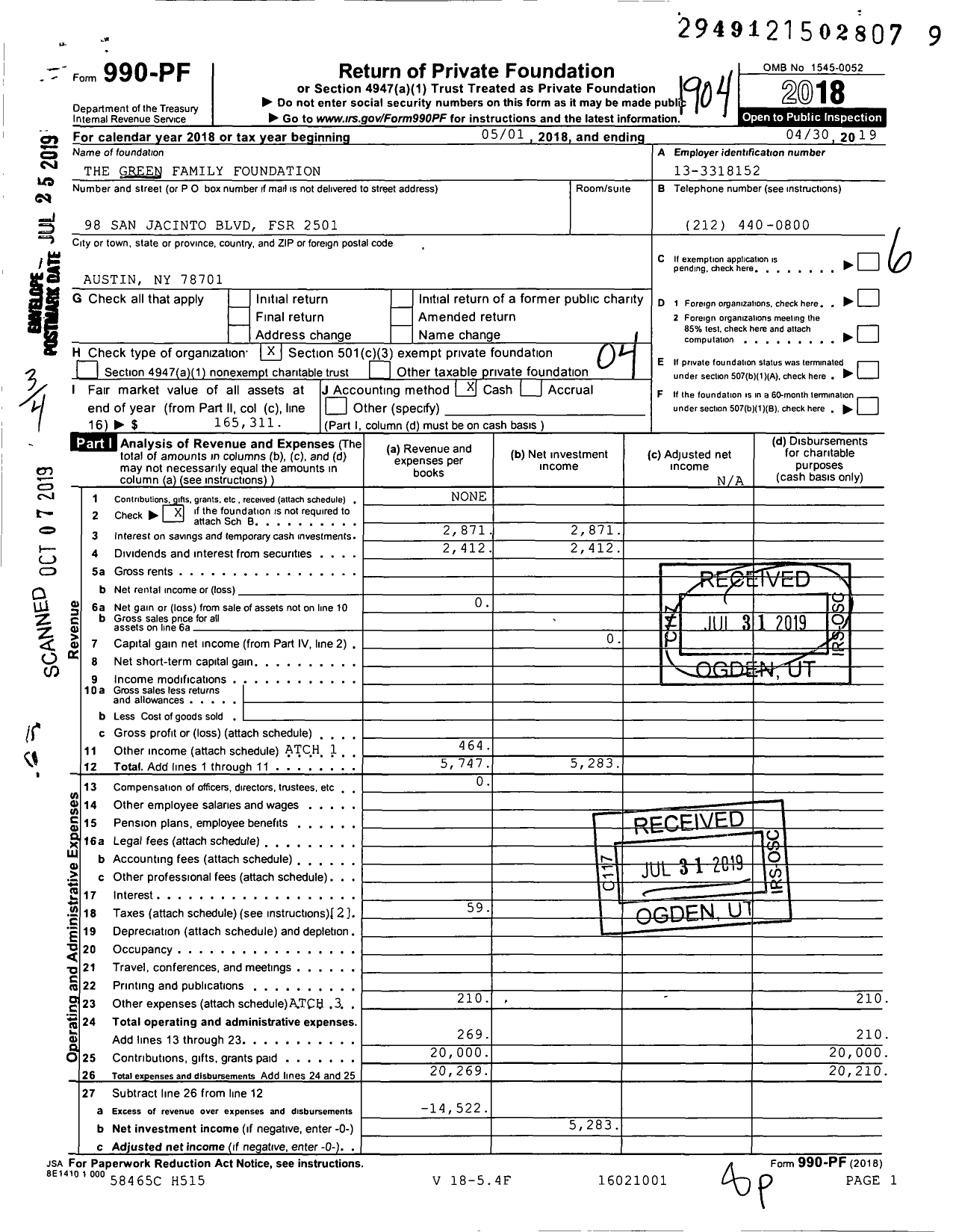 Image of first page of 2018 Form 990PF for The Green Family Foundation