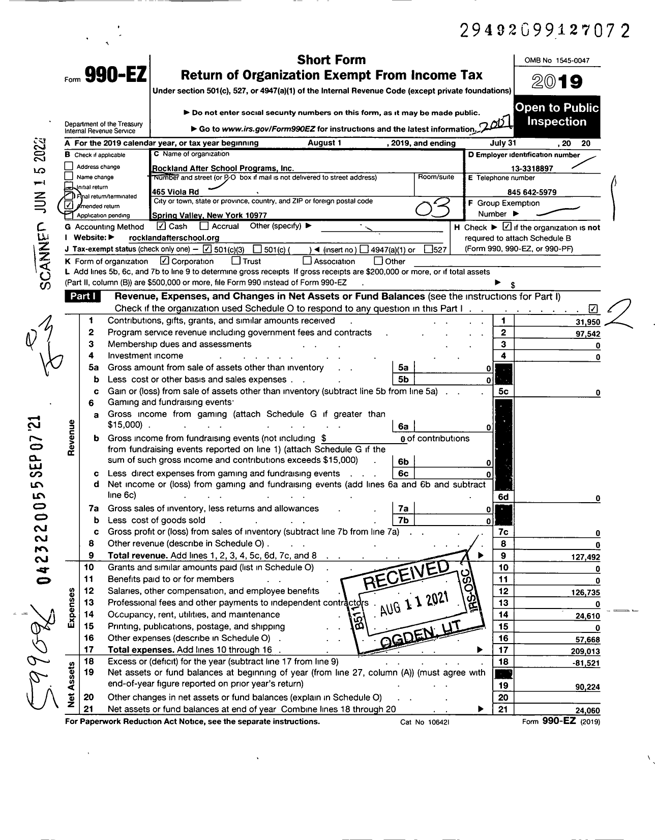 Image of first page of 2019 Form 990EZ for Rockland After School Programs