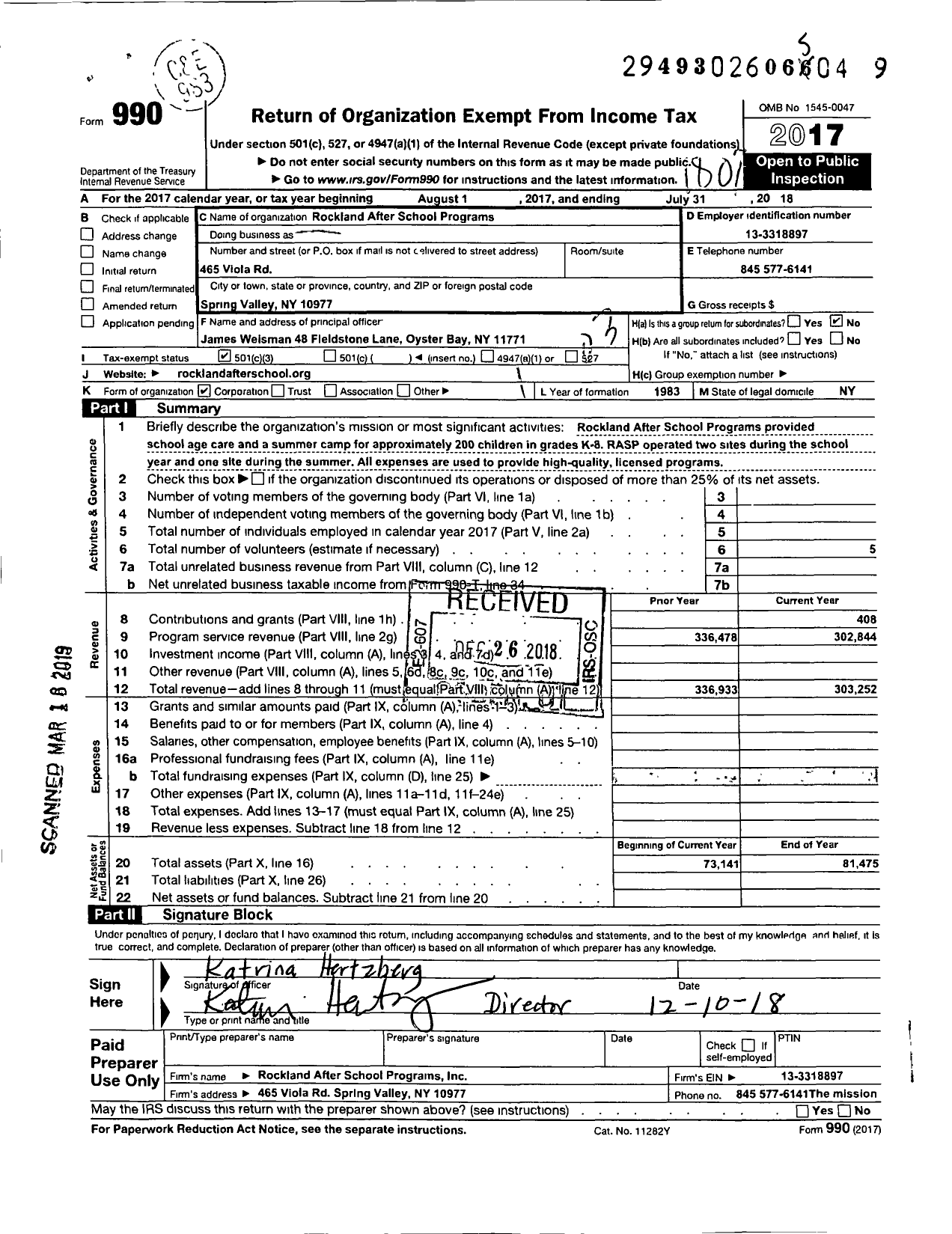 Image of first page of 2017 Form 990 for Rockland After School Programs