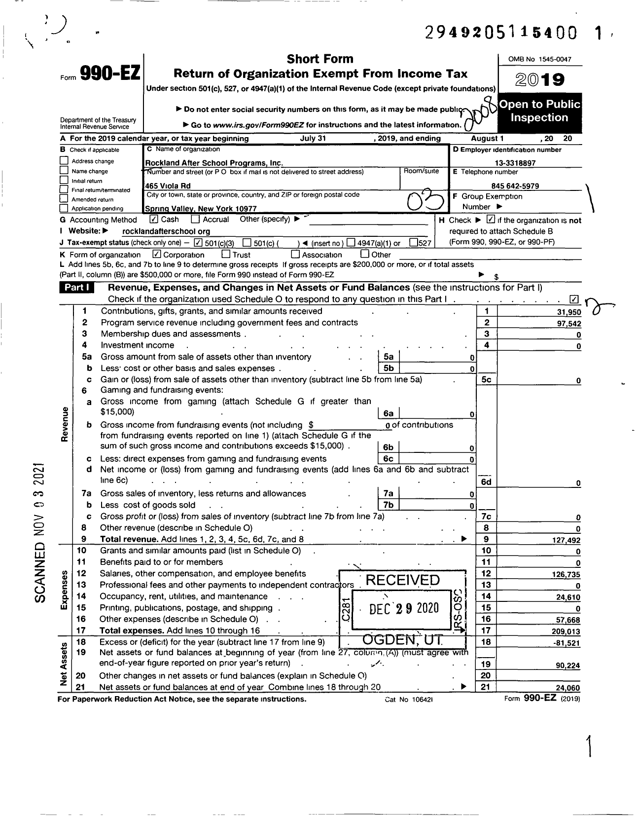 Image of first page of 2019 Form 990EZ for Rockland After School Programs