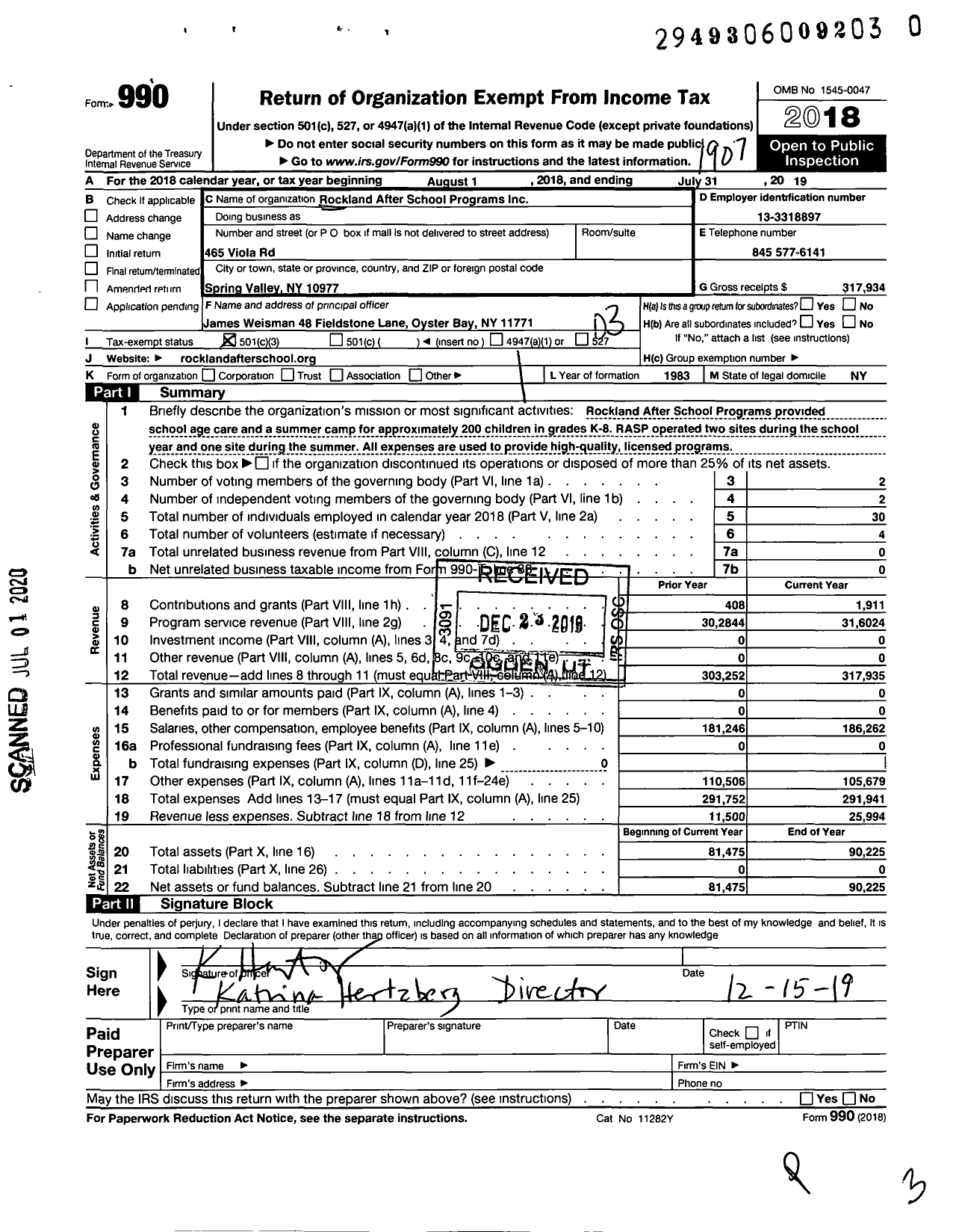 Image of first page of 2018 Form 990 for Rockland After School Programs