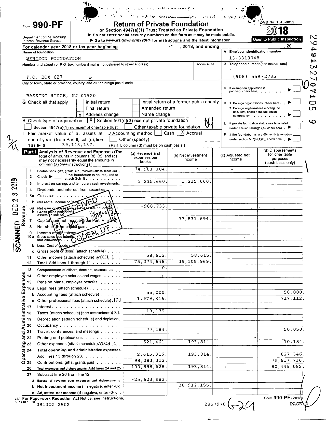 Image of first page of 2018 Form 990PF for Verizon Foundation