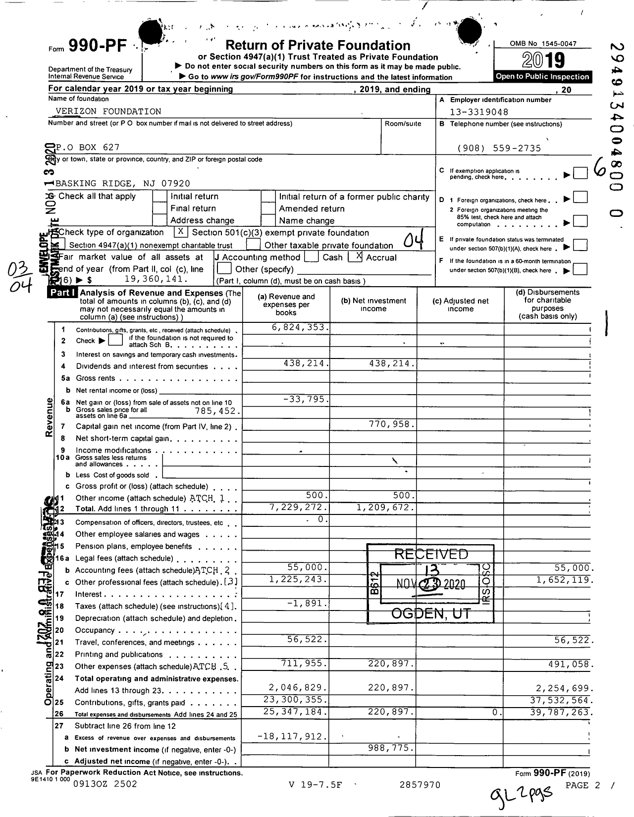 Image of first page of 2019 Form 990PF for Verizon Foundation