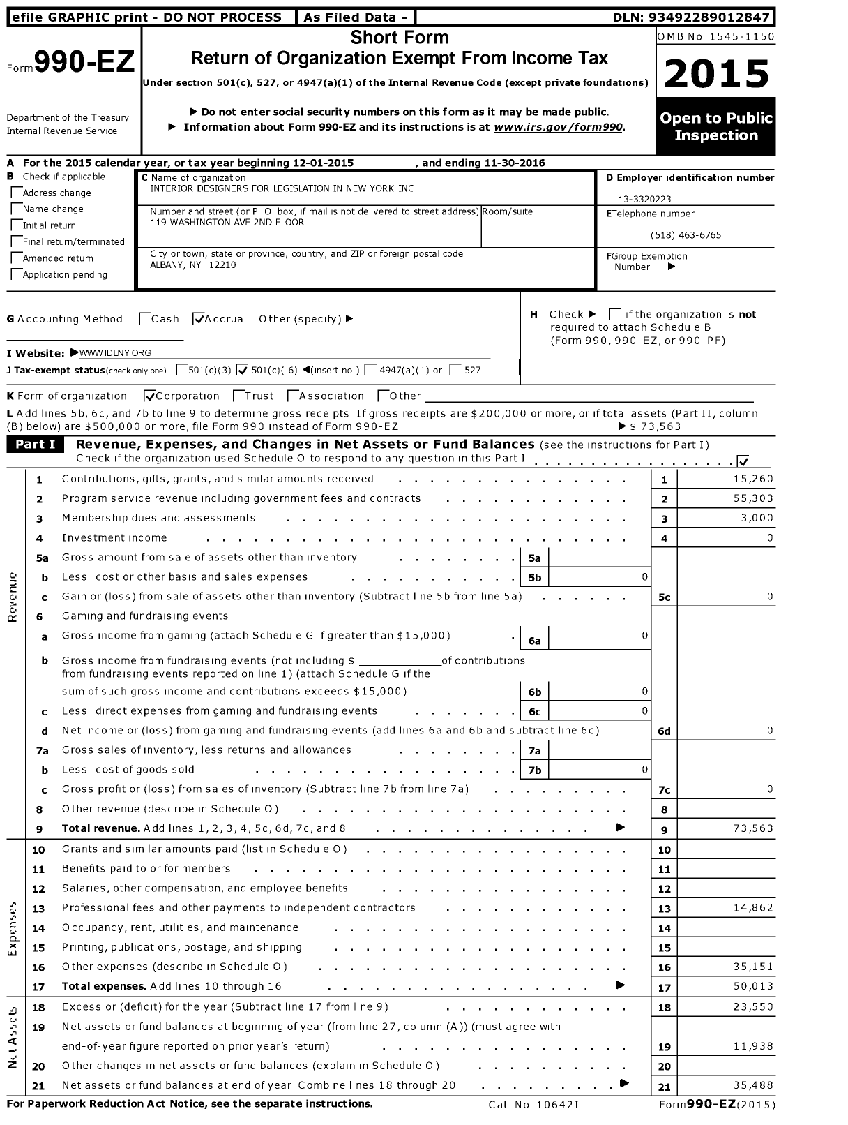 Image of first page of 2015 Form 990EO for Interior Designers for Legislation in New York