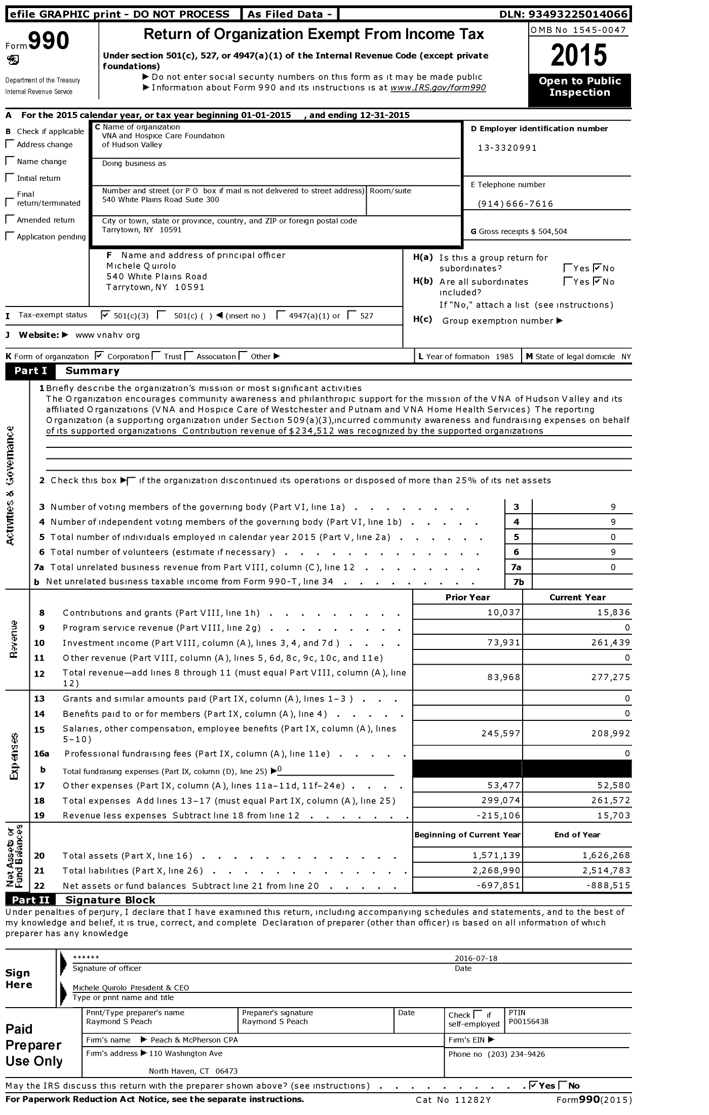 Image of first page of 2015 Form 990 for VNA and Hospice Care Foundation of Hudson Valley