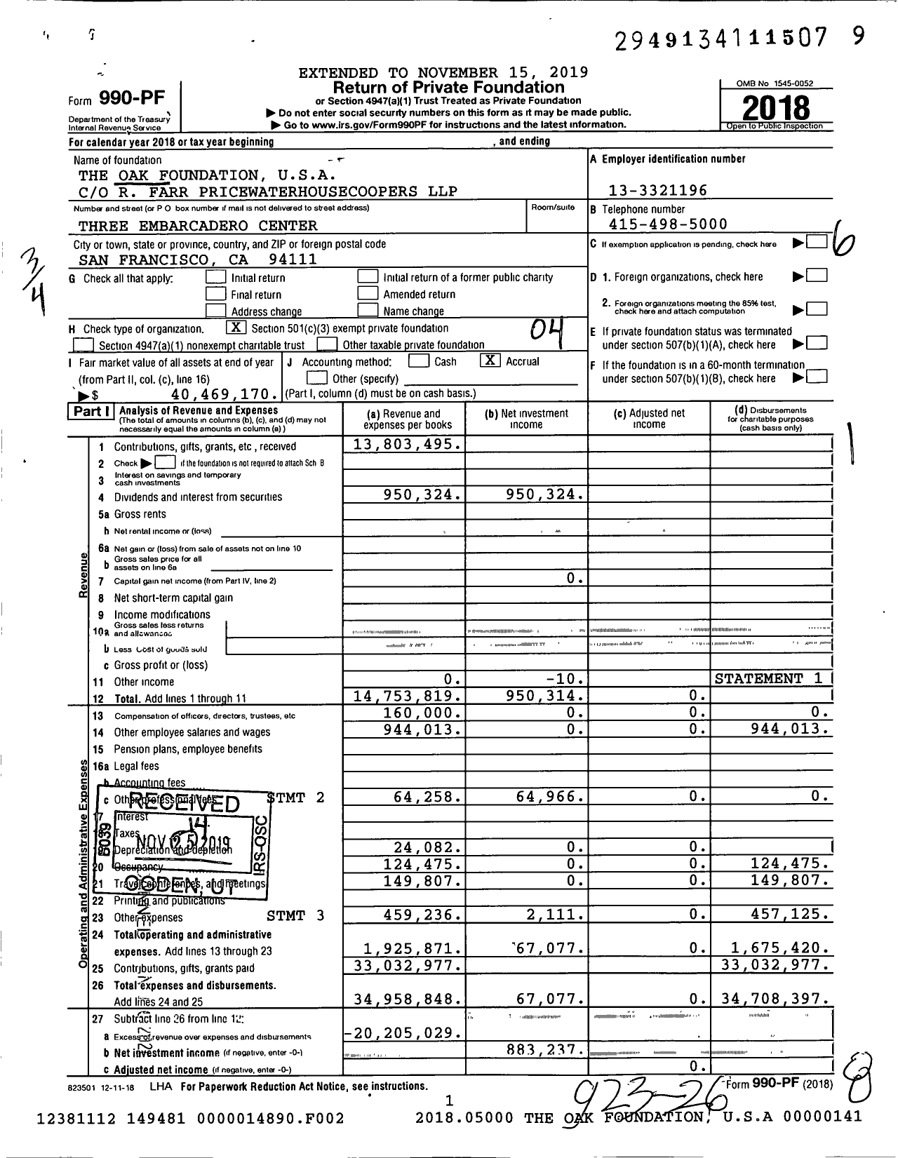 Image of first page of 2018 Form 990PF for The Oak Foundation USA