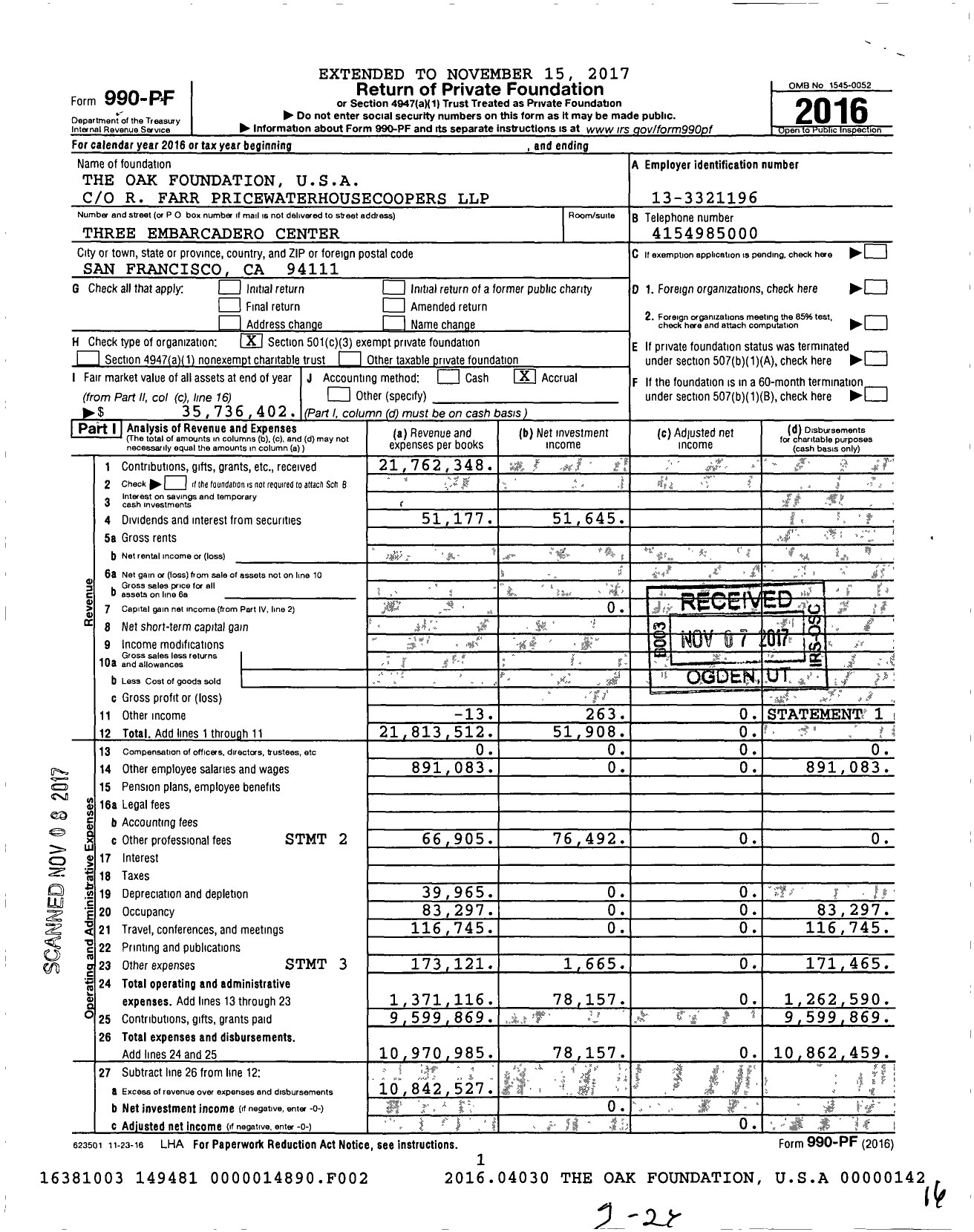 Image of first page of 2016 Form 990PF for The Oak Foundation USA