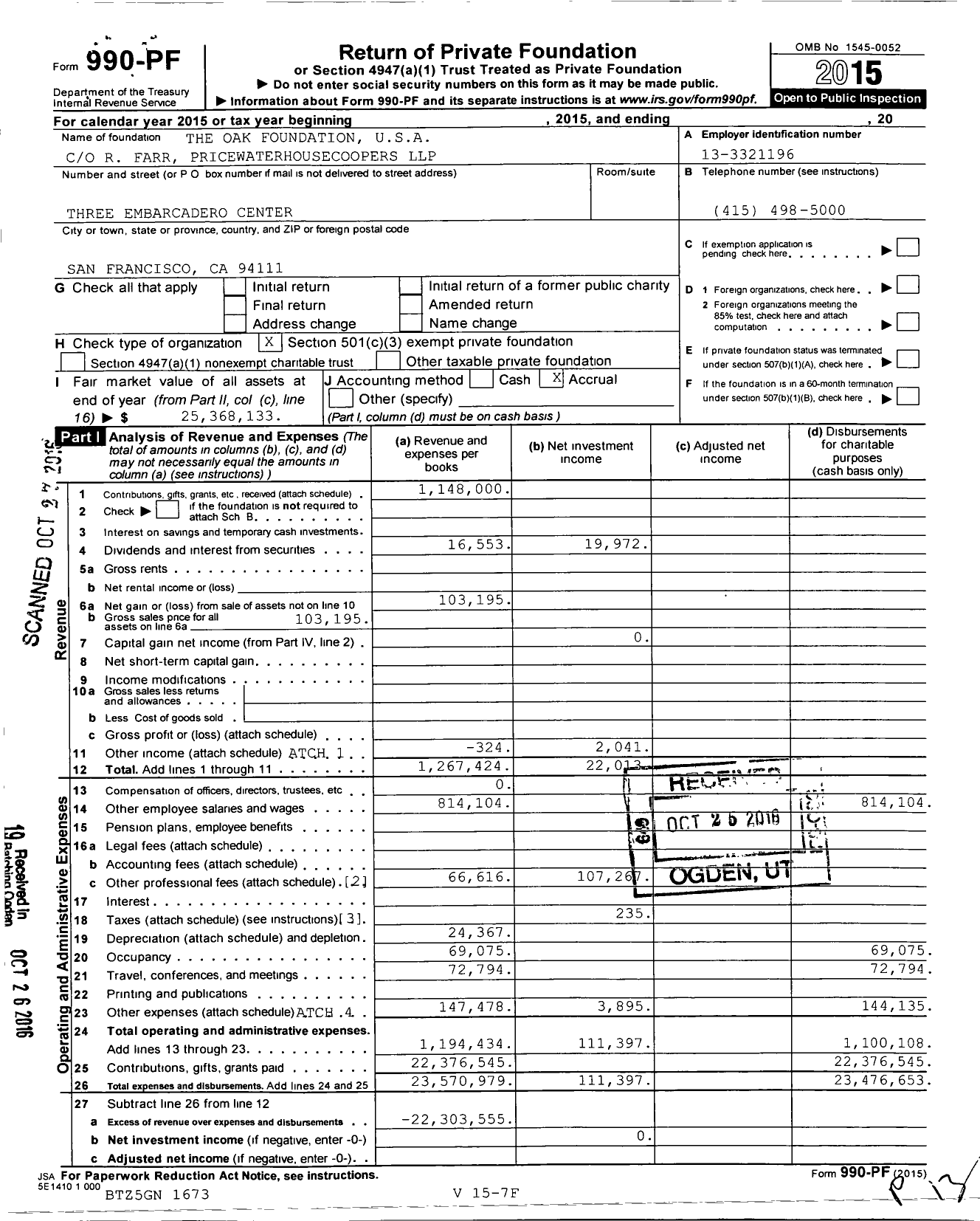 Image of first page of 2015 Form 990PF for The Oak Foundation USA