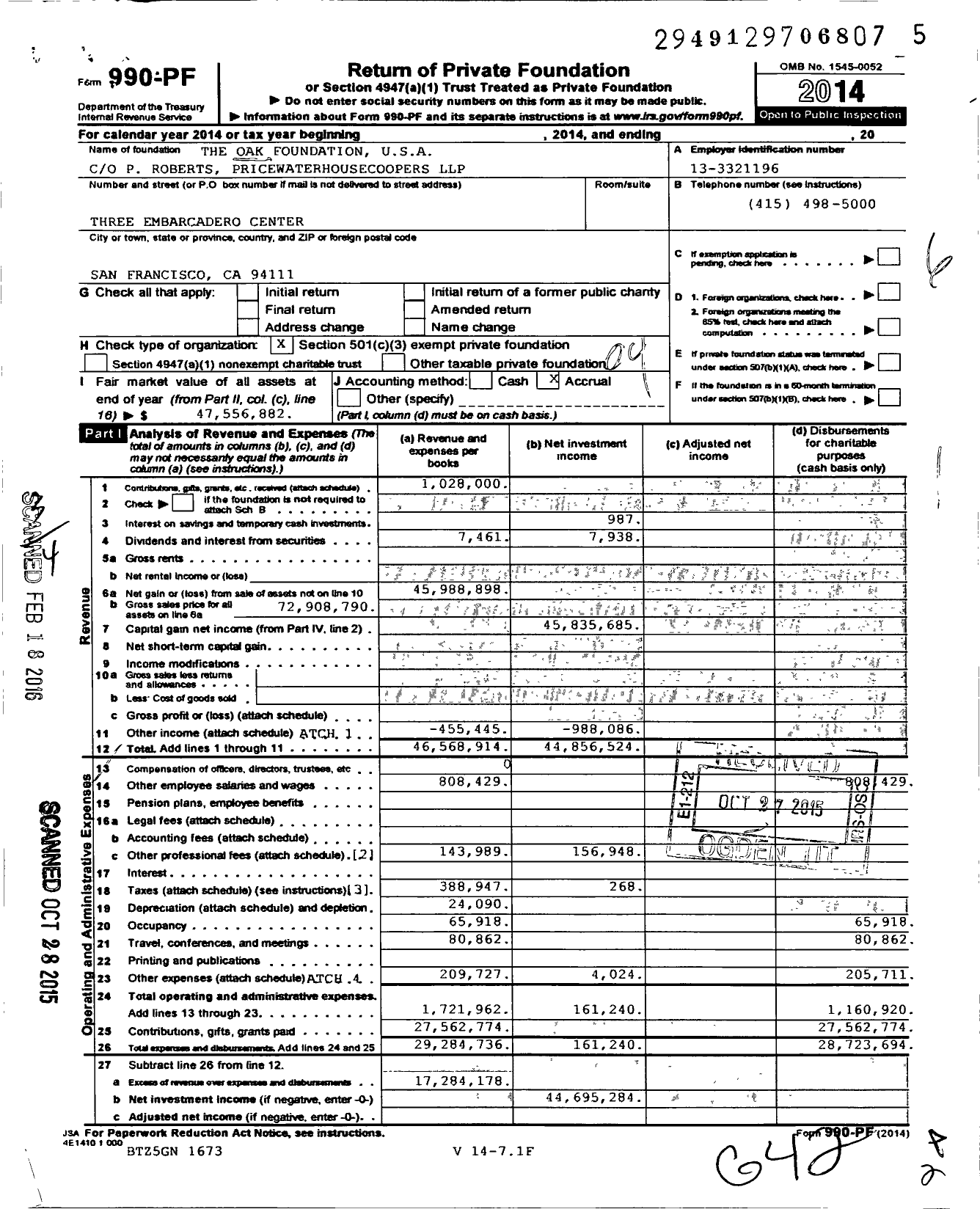 Image of first page of 2014 Form 990PF for The Oak Foundation USA