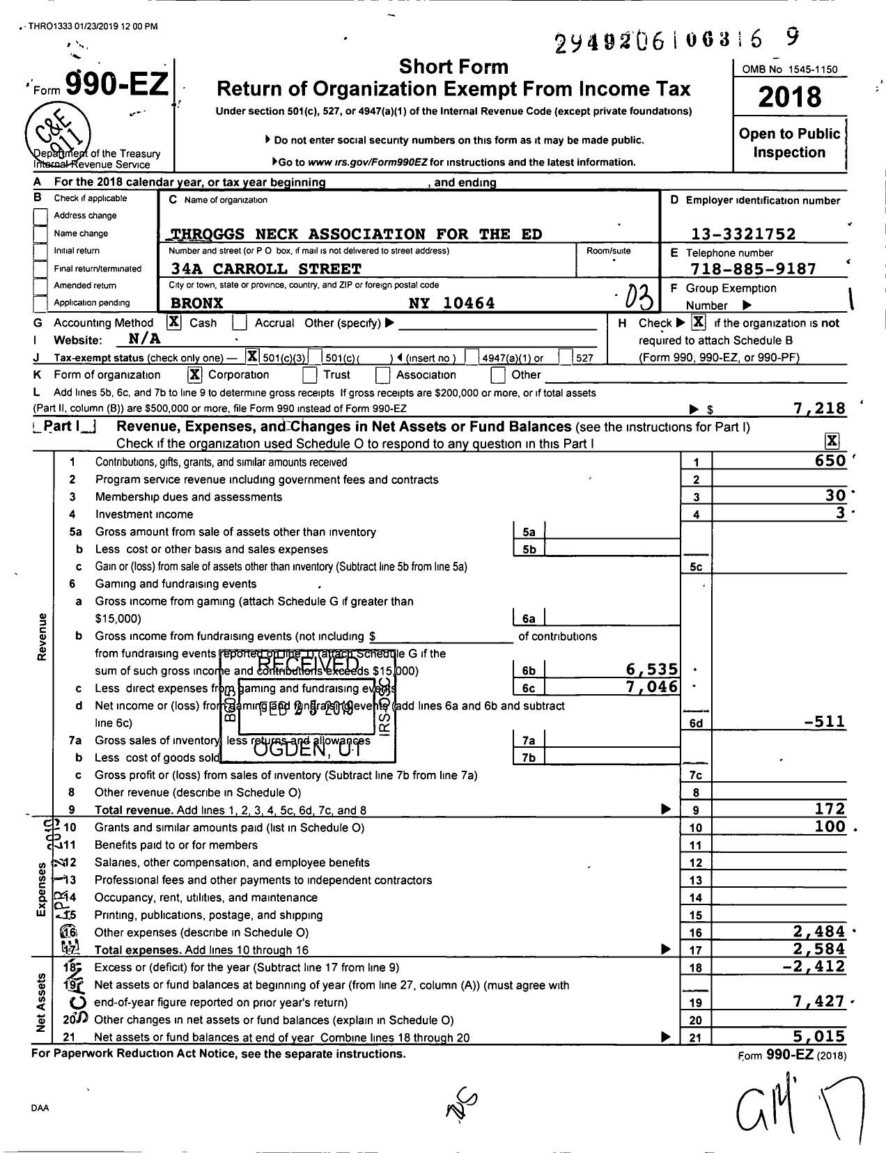 Image of first page of 2018 Form 990EZ for Throggs Neck Association for the Education of the Exceptional