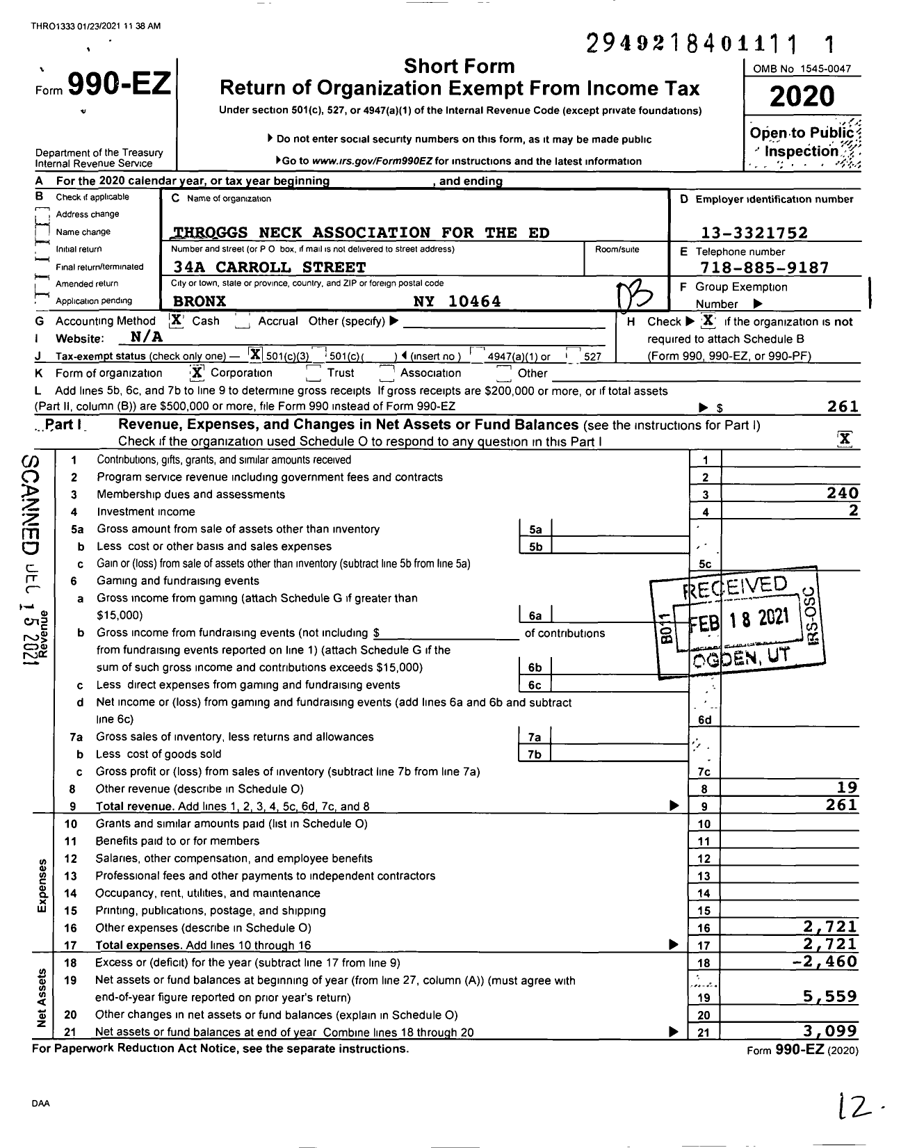 Image of first page of 2020 Form 990EZ for Throggs Neck Association for the Education of the Exceptional