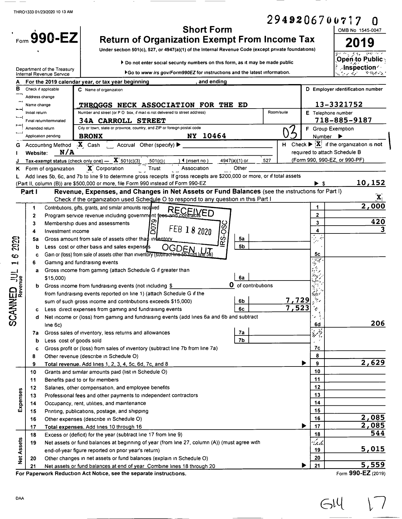 Image of first page of 2019 Form 990EZ for Throggs Neck Association for the Education of the Exceptional