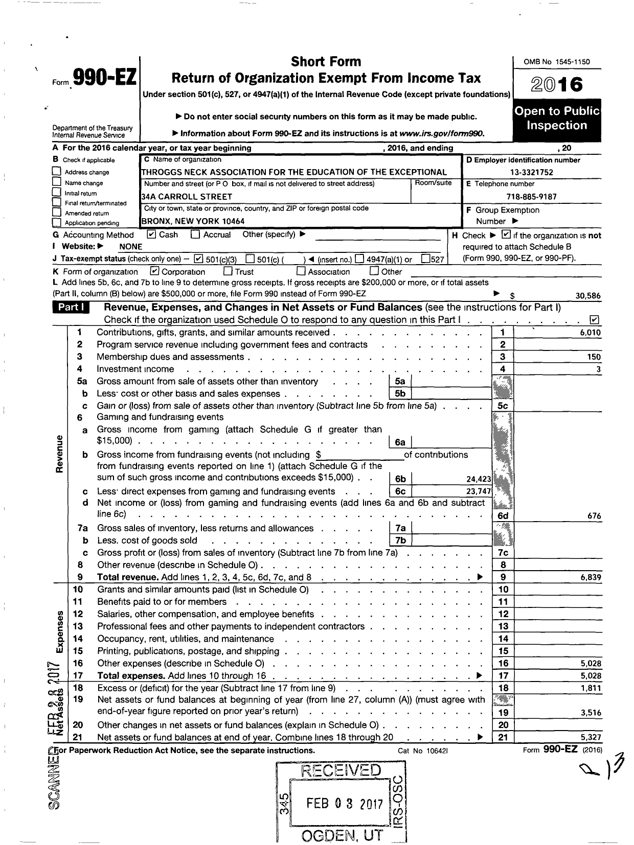 Image of first page of 2016 Form 990EZ for Throggs Neck Association for the Education of the Exceptional