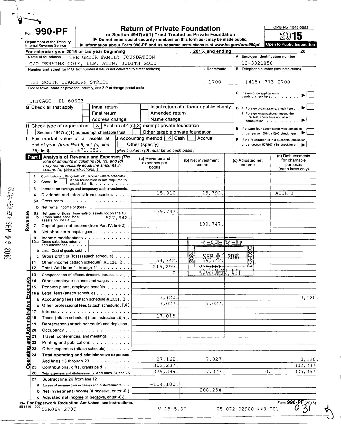 Image of first page of 2015 Form 990PF for Greer Family Foundation