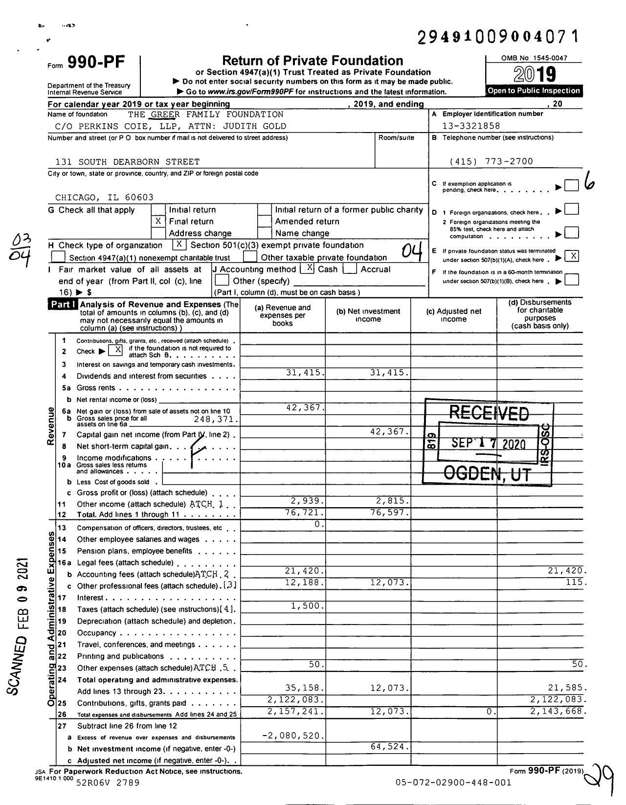 Image of first page of 2019 Form 990PF for Greer Family Foundation