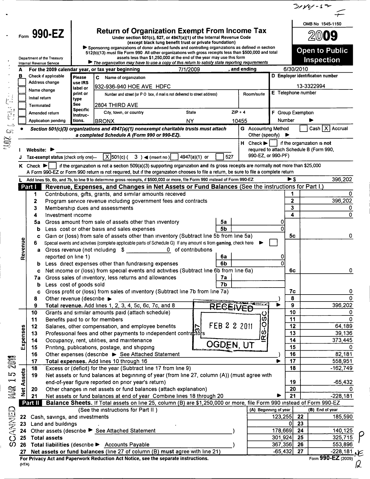 Image of first page of 2009 Form 990EZ for 932-936-940 Hoe Ave HDFC