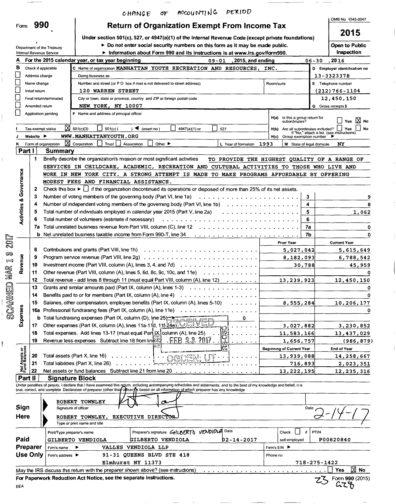 Image of first page of 2015 Form 990 for Manhattan Youth Recreation and Resources