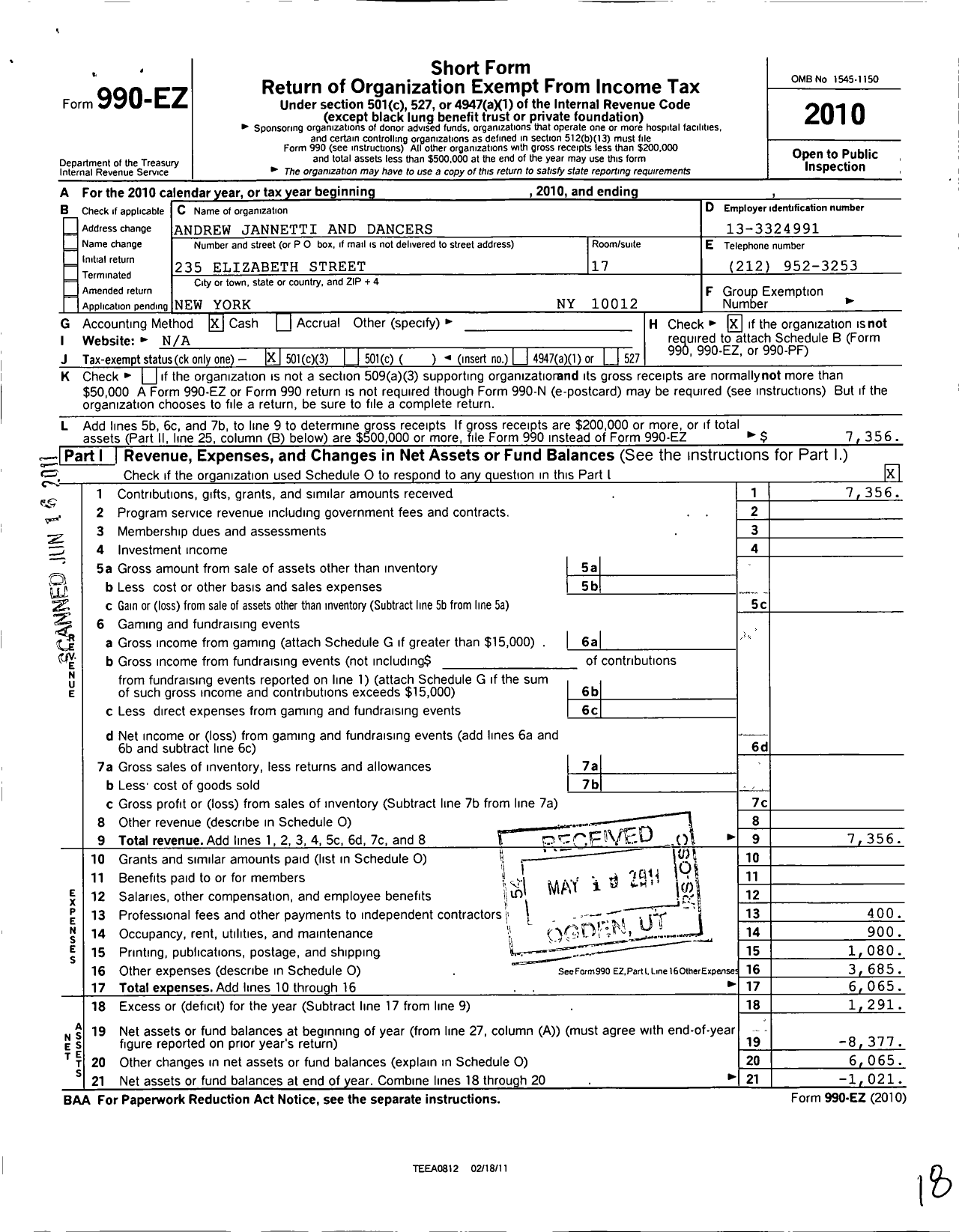 Image of first page of 2010 Form 990EZ for Andrew Jannetti and Dancers