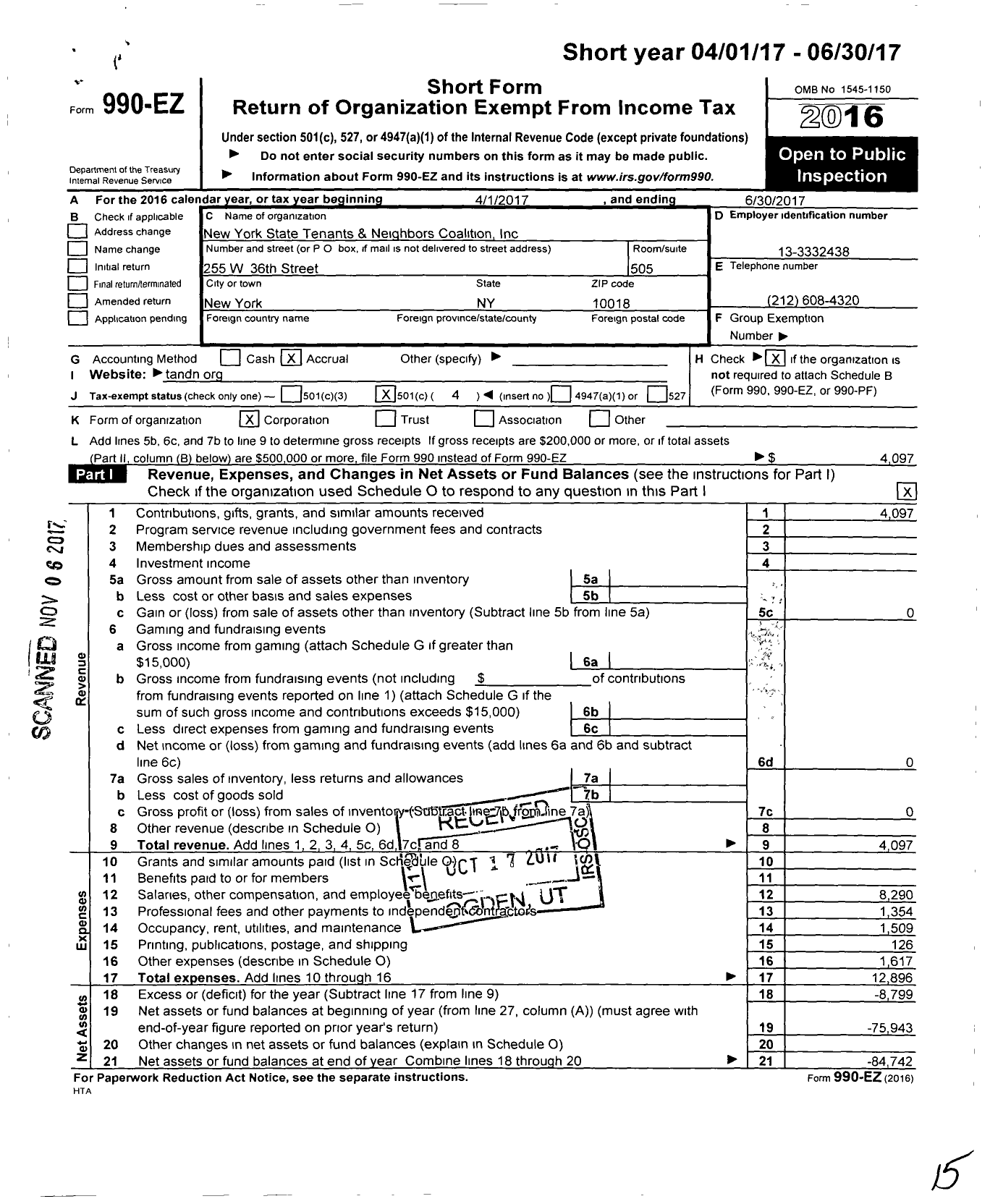 Image of first page of 2016 Form 990EO for New York State Tenants & Neighbors Coalition