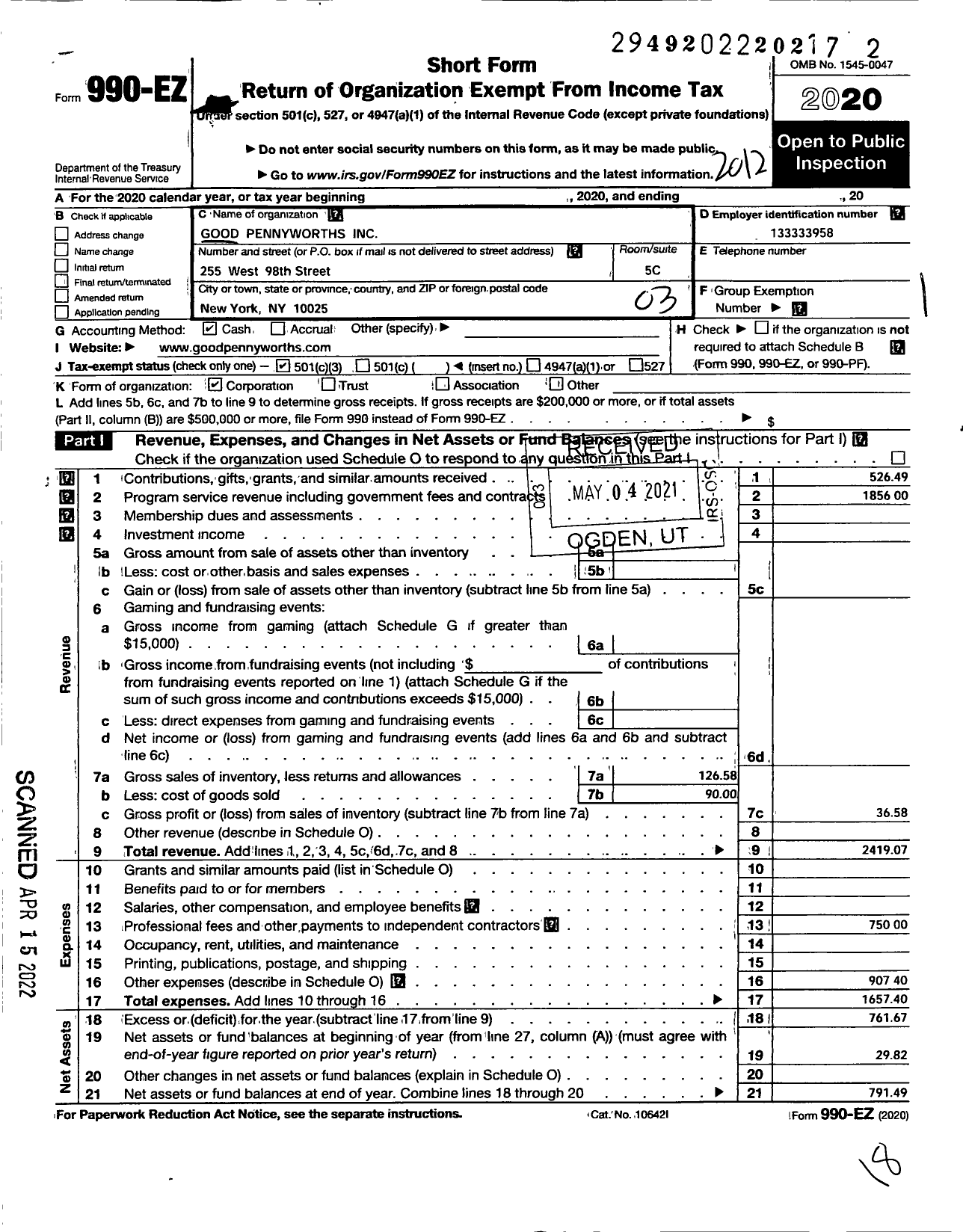 Image of first page of 2020 Form 990EZ for Good Pennyworths