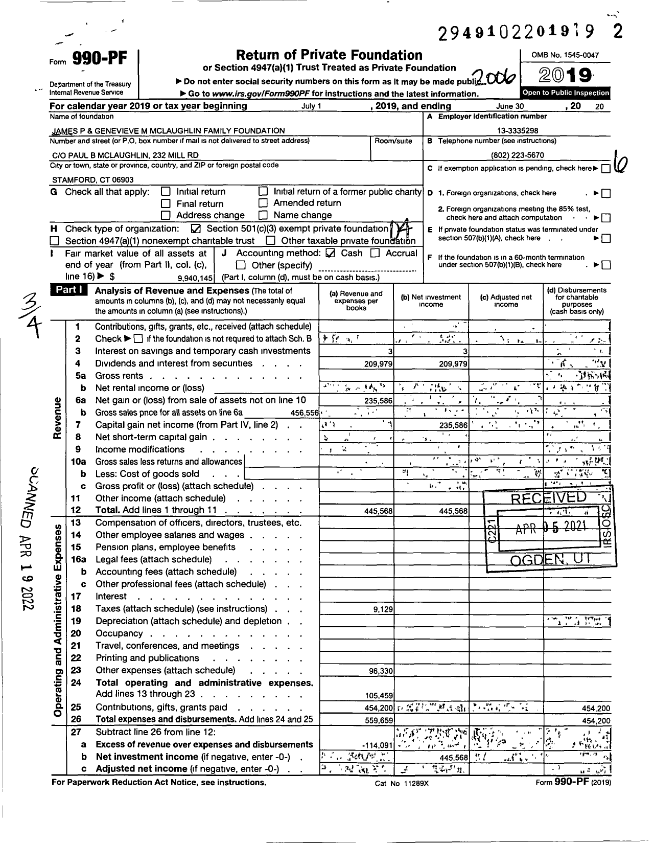 Image of first page of 2019 Form 990PF for James P & Genevieve M McLaughlin Family Foundation