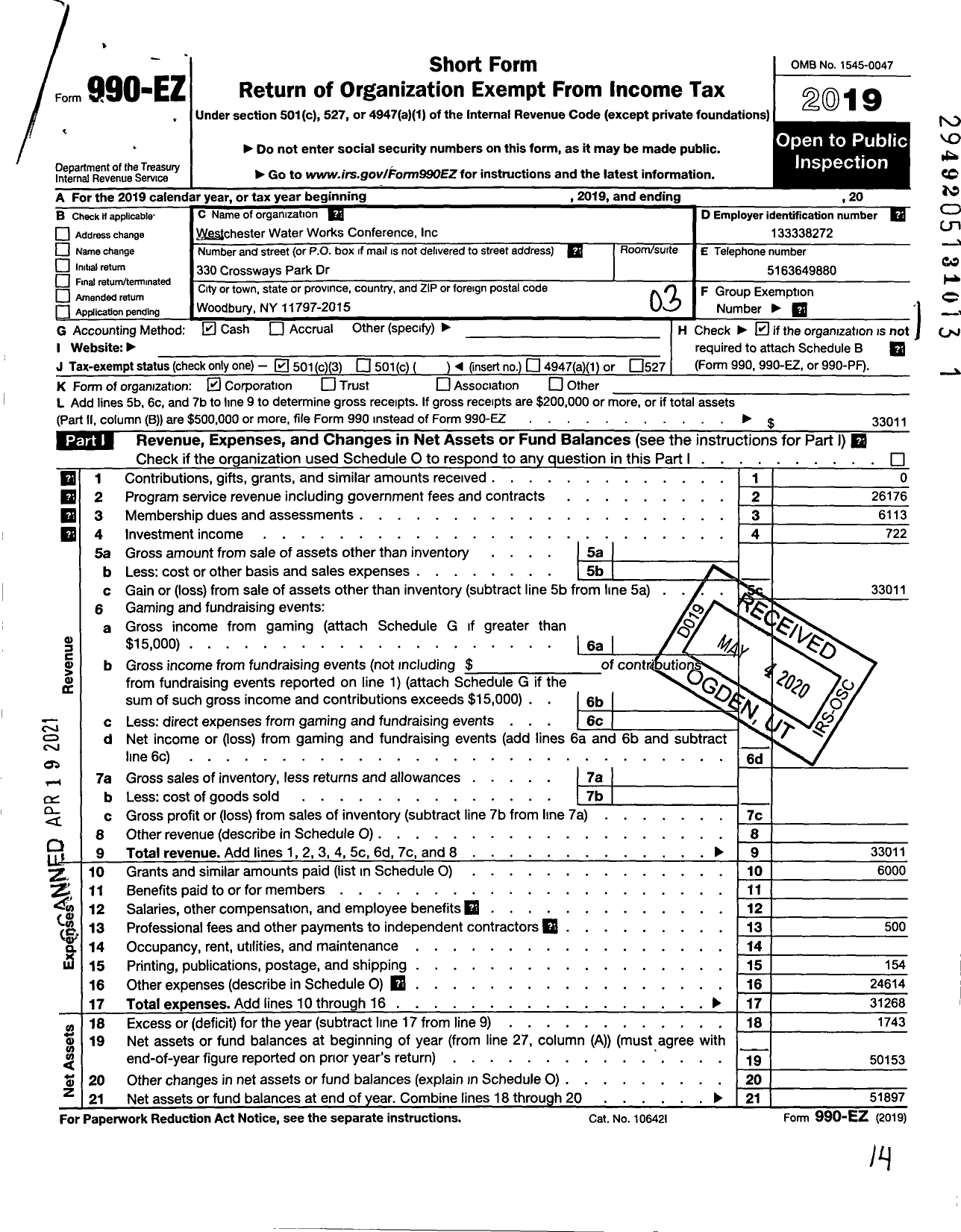 Image of first page of 2019 Form 990EZ for Westchester Water Works Conference