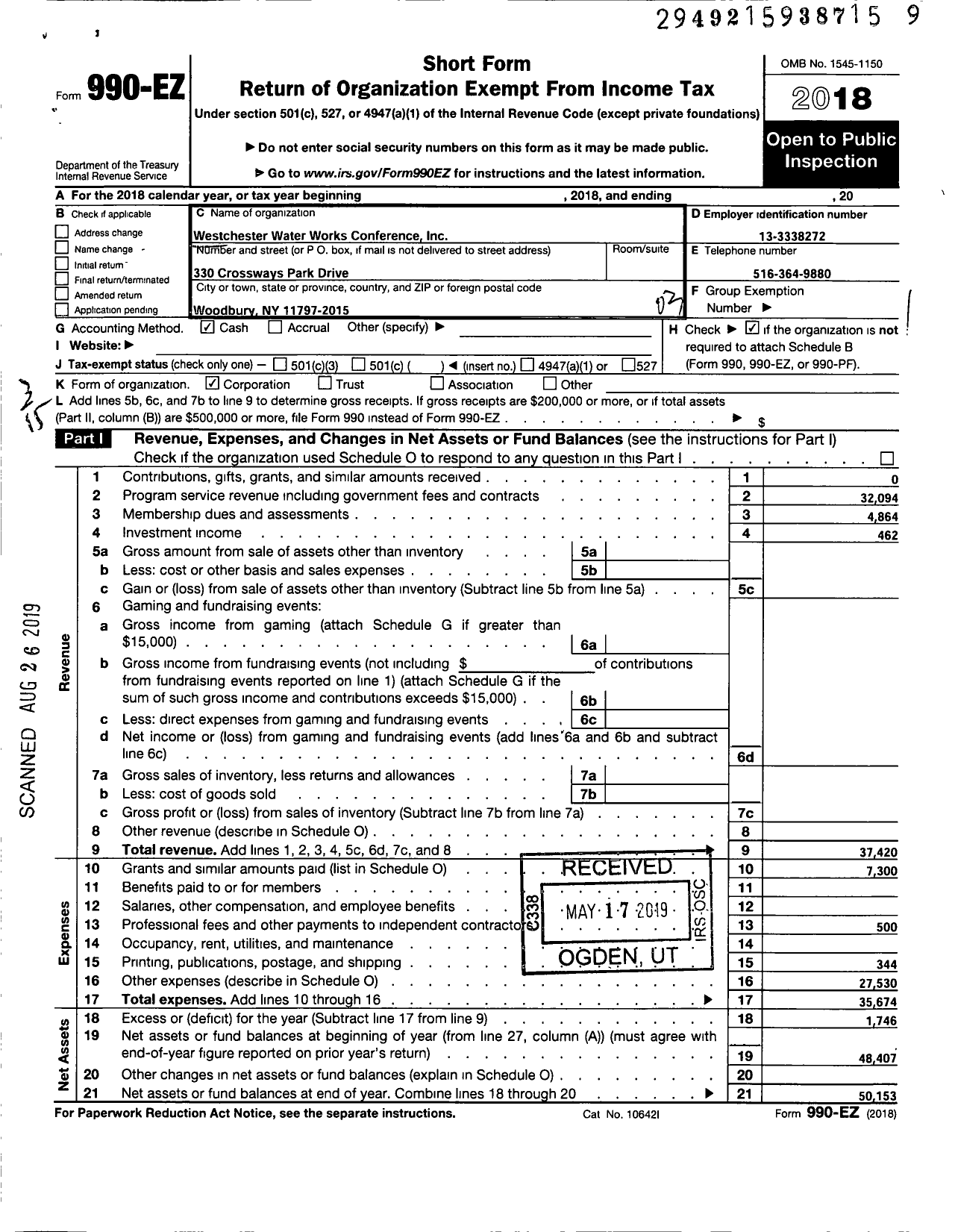 Image of first page of 2018 Form 990EZ for Westchester Water Works Conference