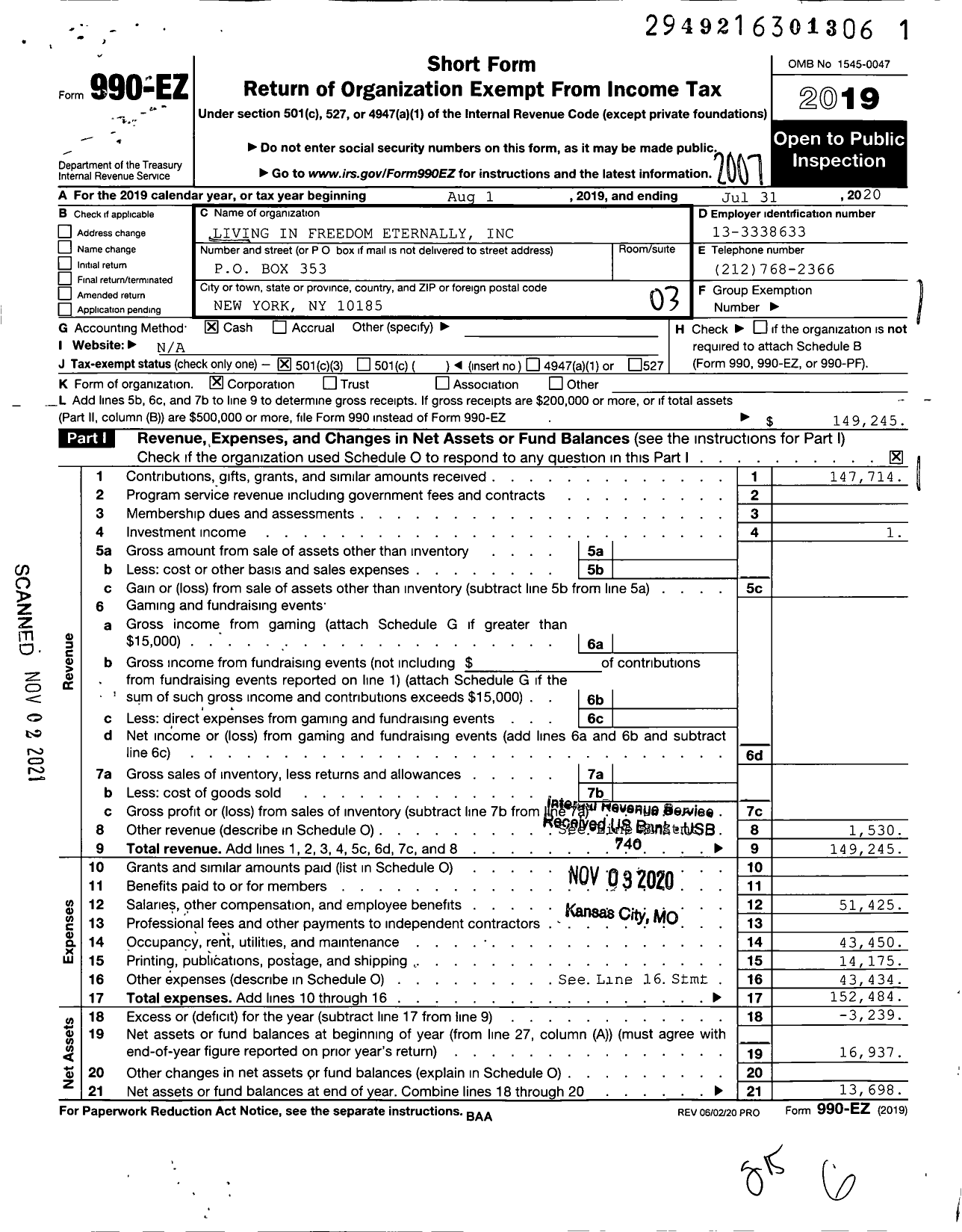 Image of first page of 2019 Form 990EZ for Living in Freedom Eternally