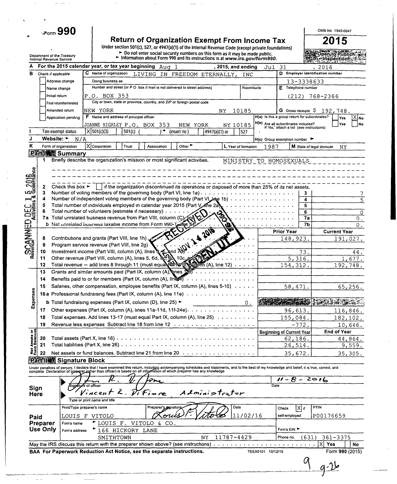 Image of first page of 2015 Form 990 for Living in Freedom Eternally