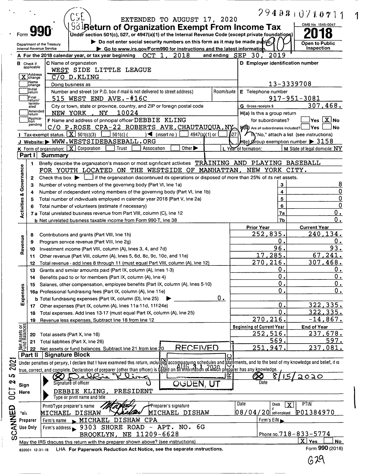 Image of first page of 2018 Form 990 for Little League Baseball - 2322303 West Side LL