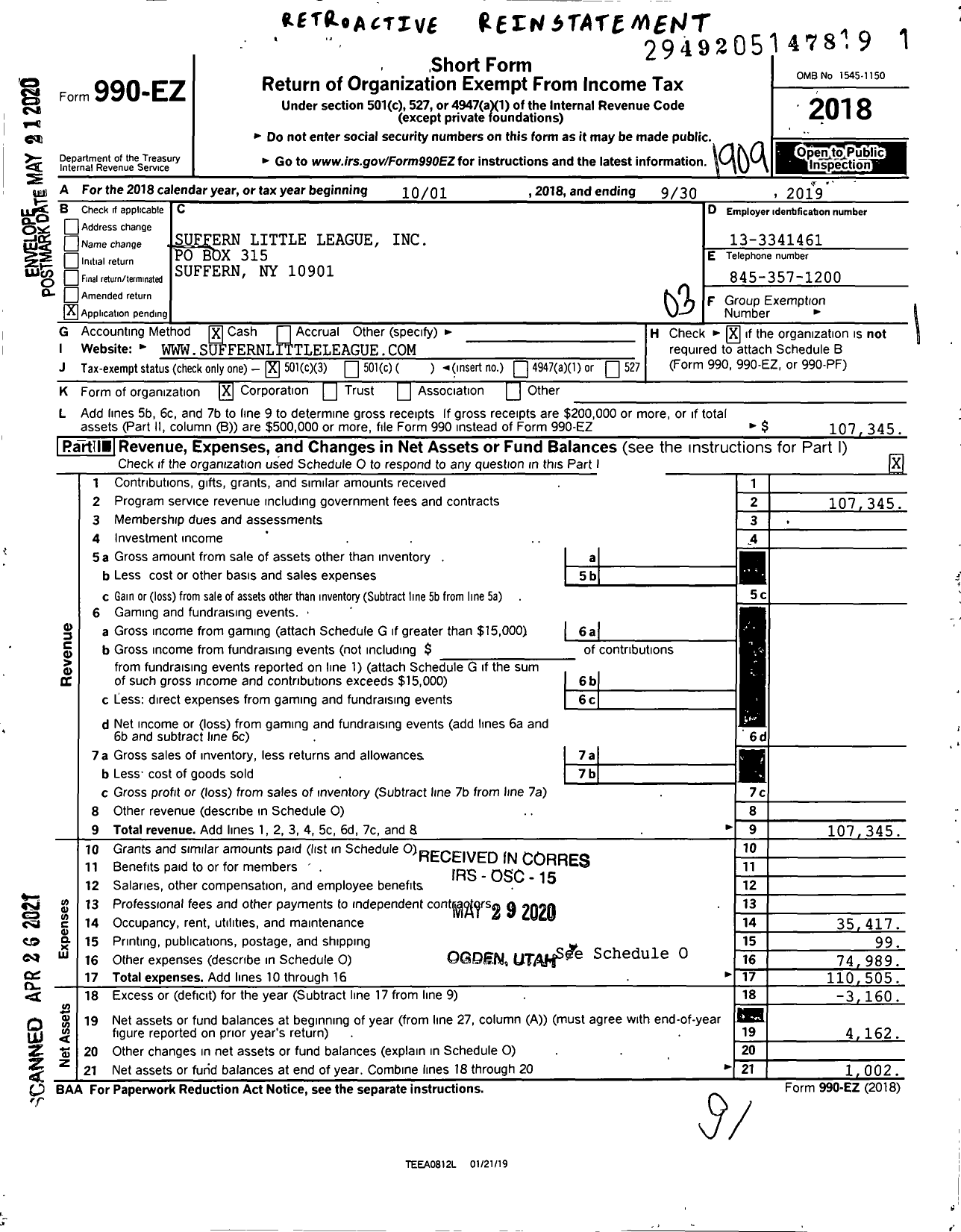 Image of first page of 2018 Form 990EZ for Suffern Little League