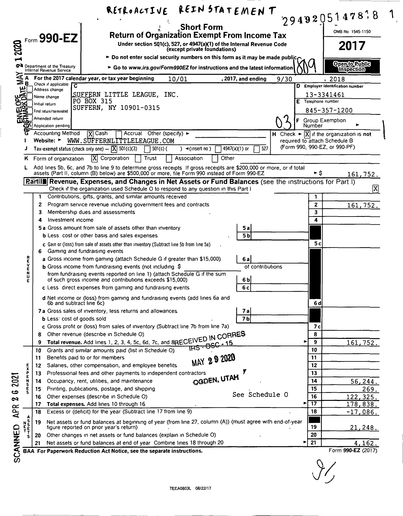 Image of first page of 2017 Form 990EZ for Suffern Little League