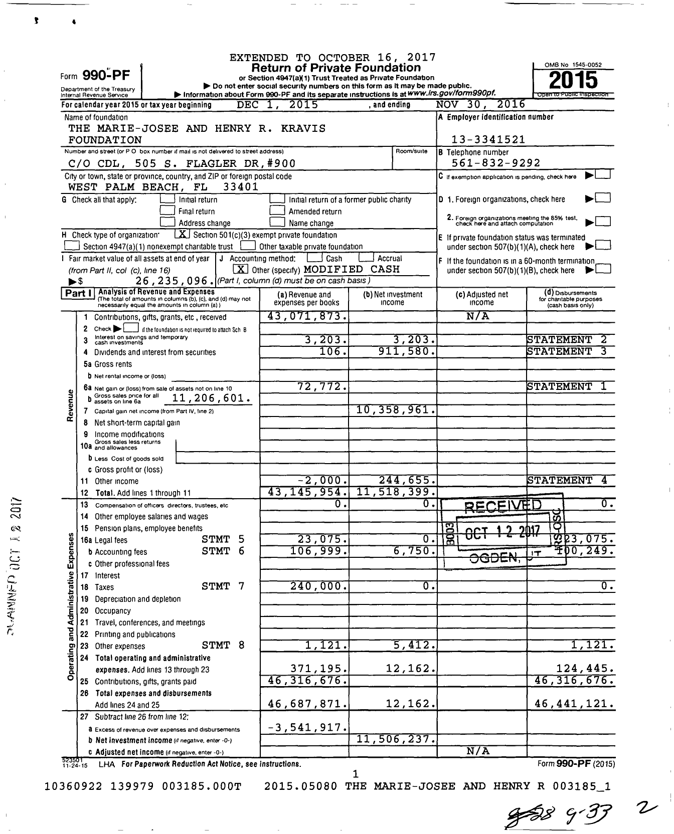 Image of first page of 2015 Form 990PF for Marie-Josee and Henry R Kravis Foundation
