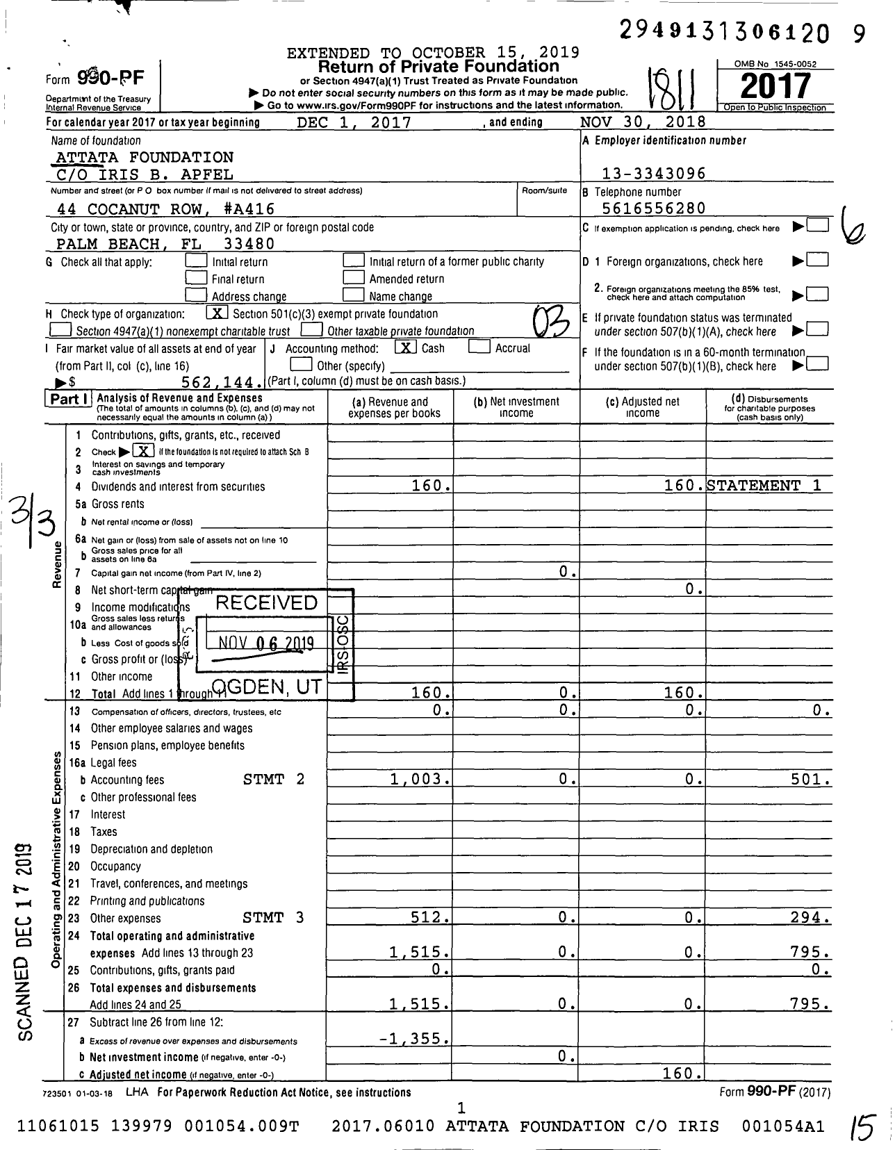 Image of first page of 2017 Form 990PF for Attata Foundation