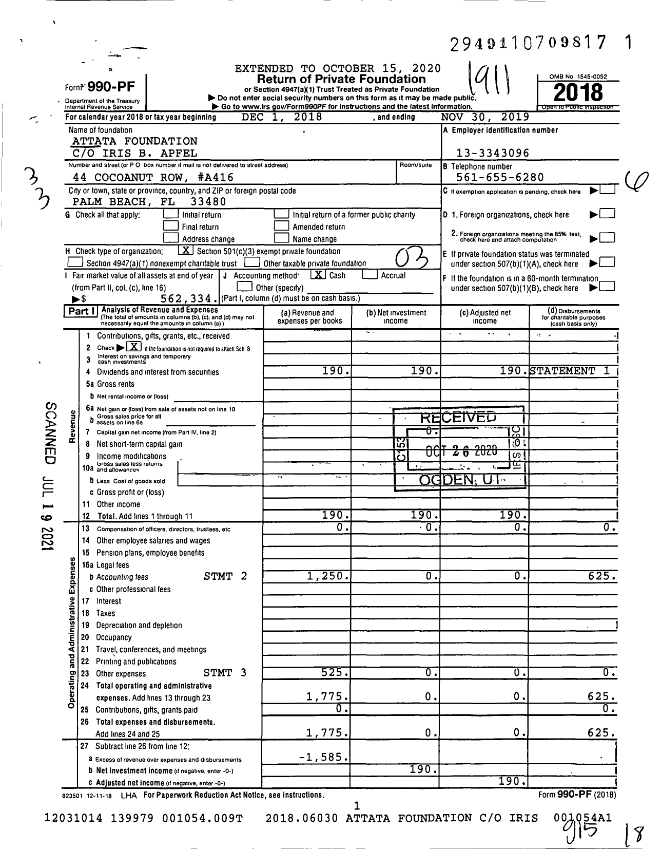 Image of first page of 2018 Form 990PF for Attata Foundation