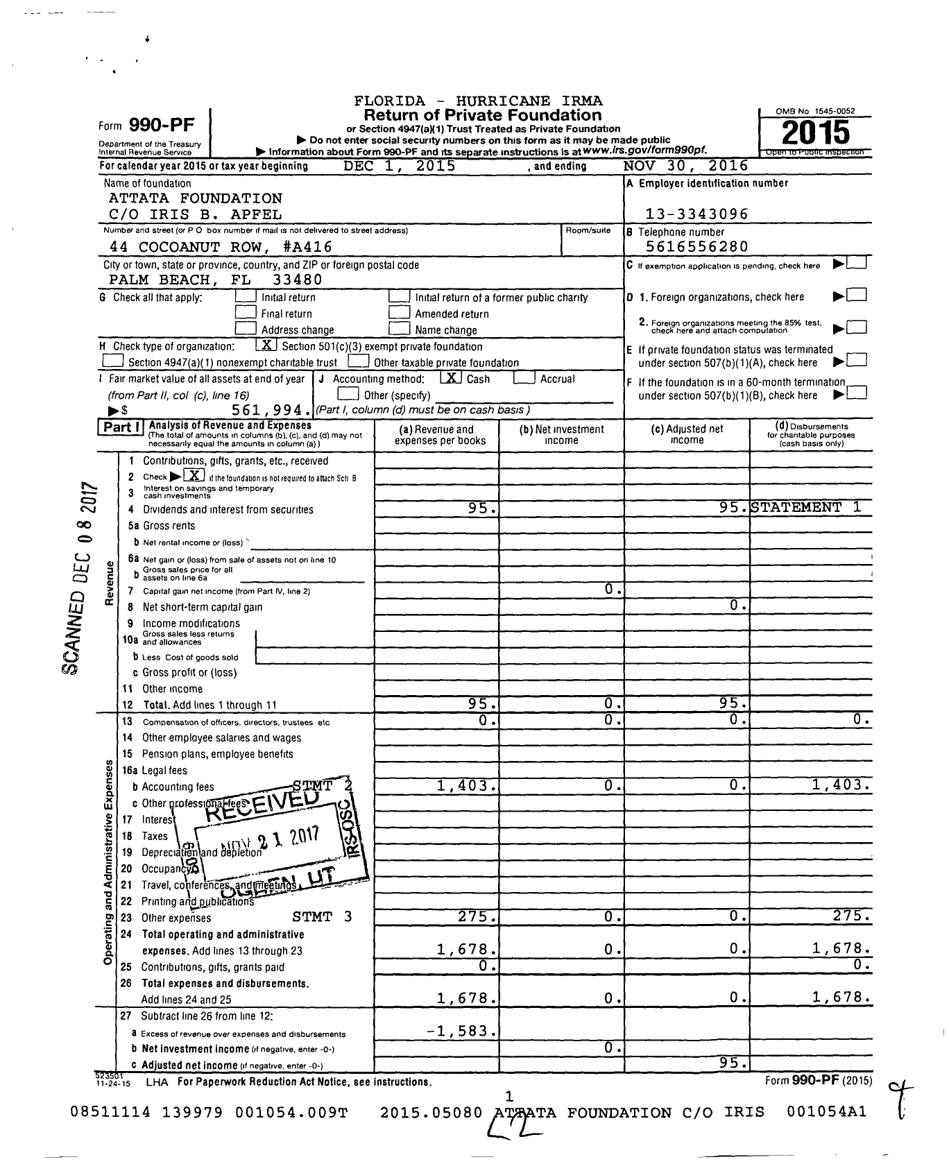 Image of first page of 2015 Form 990PF for Attata Foundation