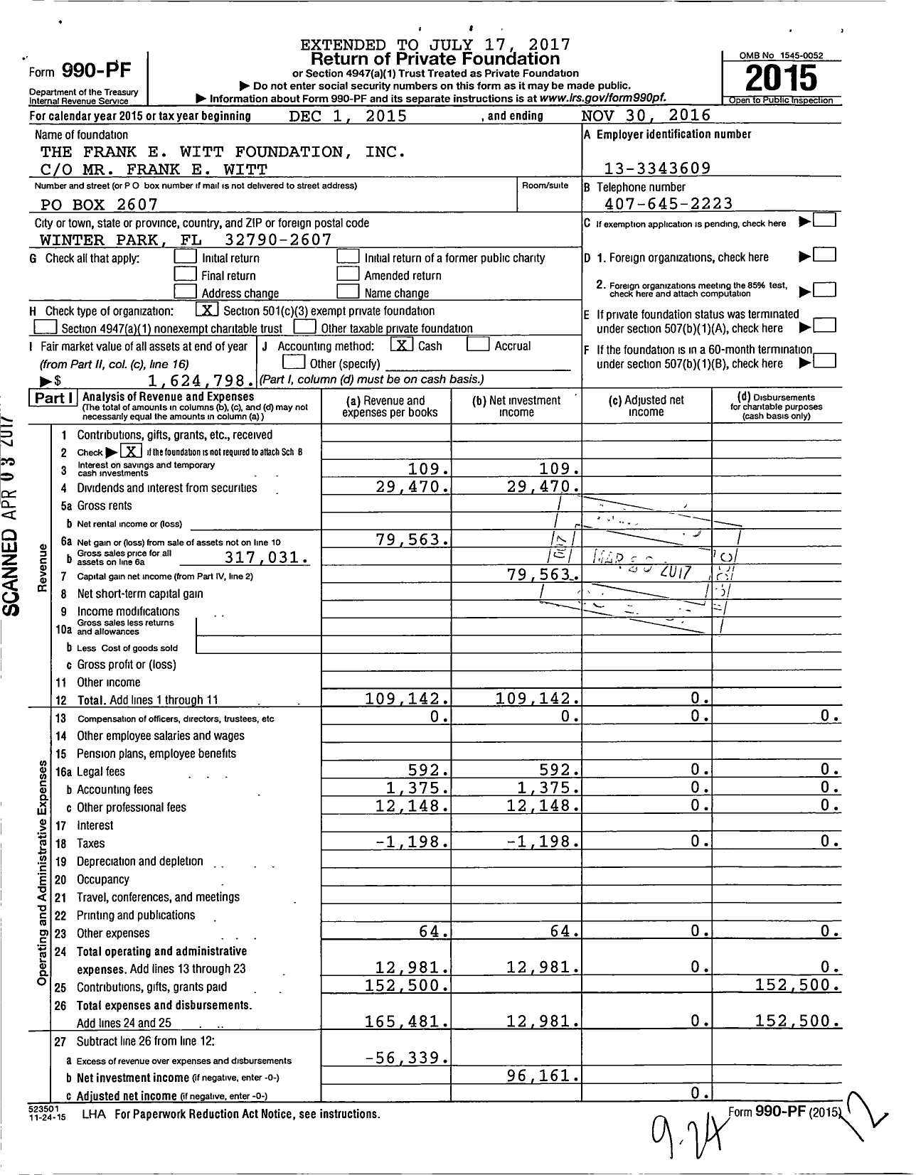 Image of first page of 2015 Form 990PF for The Frank E Witt Foundation